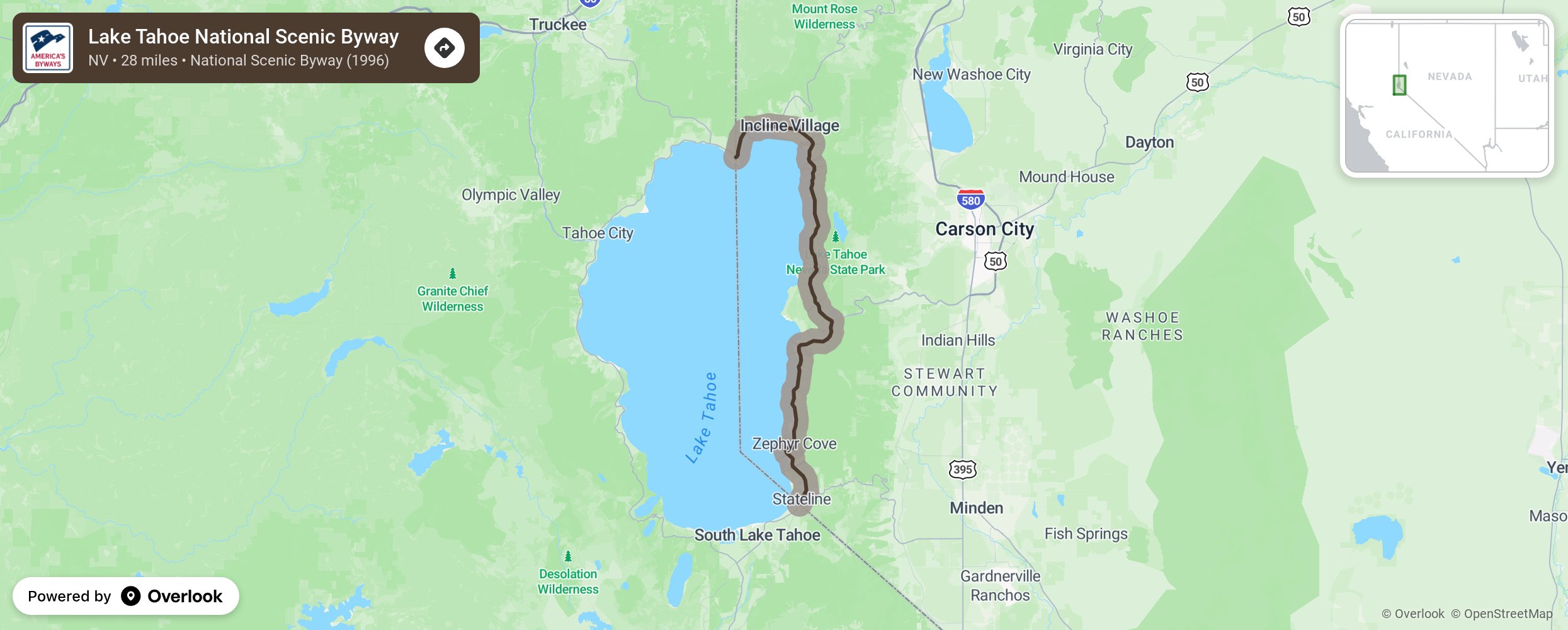 Map of Lake Tahoe National Scenic Byway - scenic route