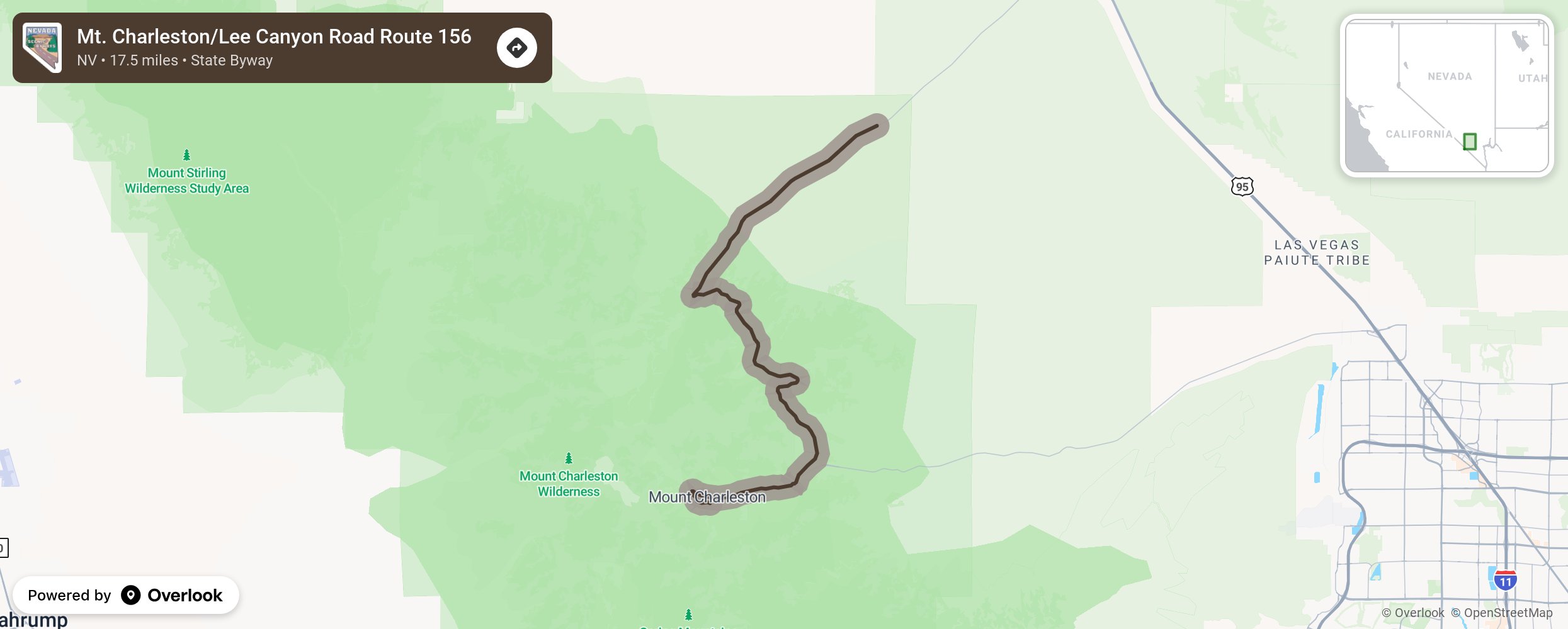 Map of Mt. Charleston/Lee Canyon Road Route 156 - scenic route