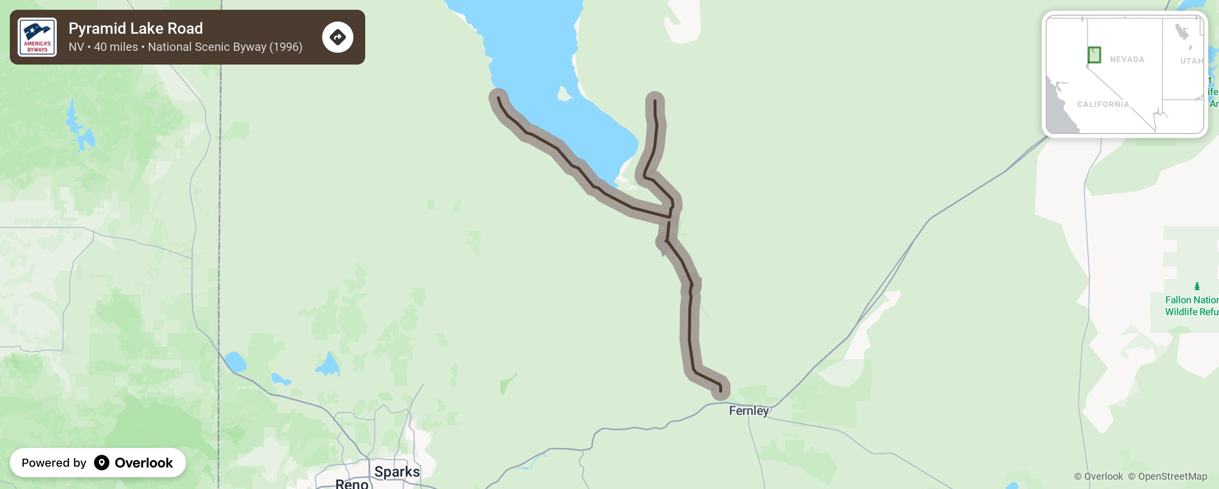 Map of Pyramid Lake Road - scenic route