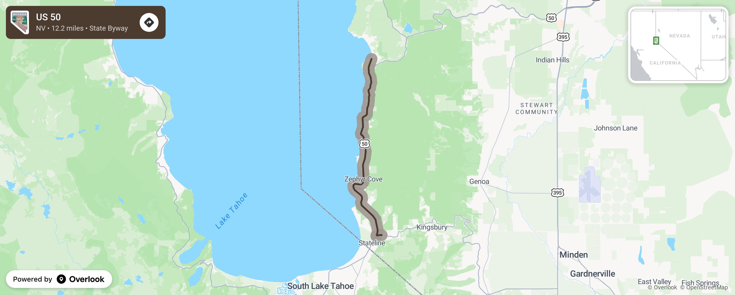 Map of US 50 - scenic route