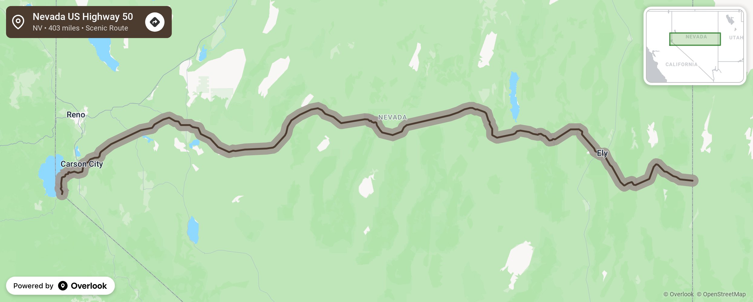 Map of Nevada US Highway 50 - scenic route