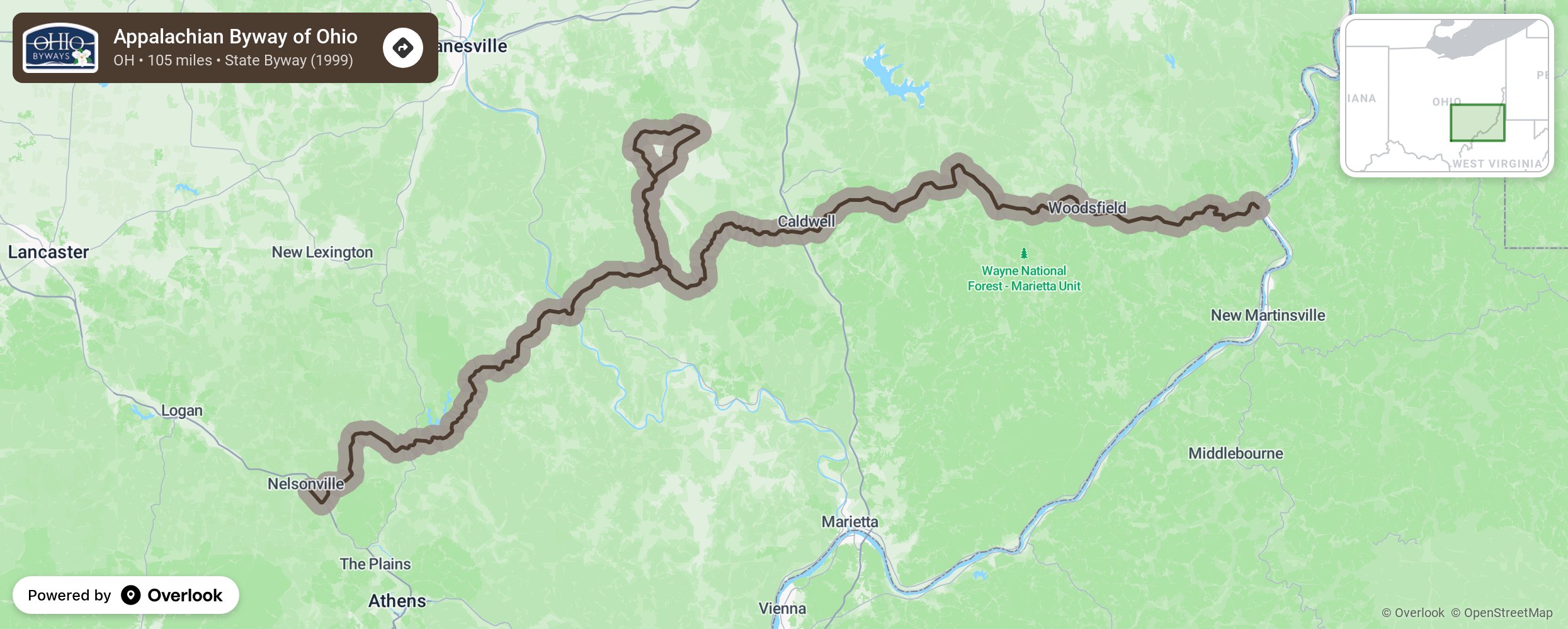 Map of Appalachian Byway of Ohio - scenic route