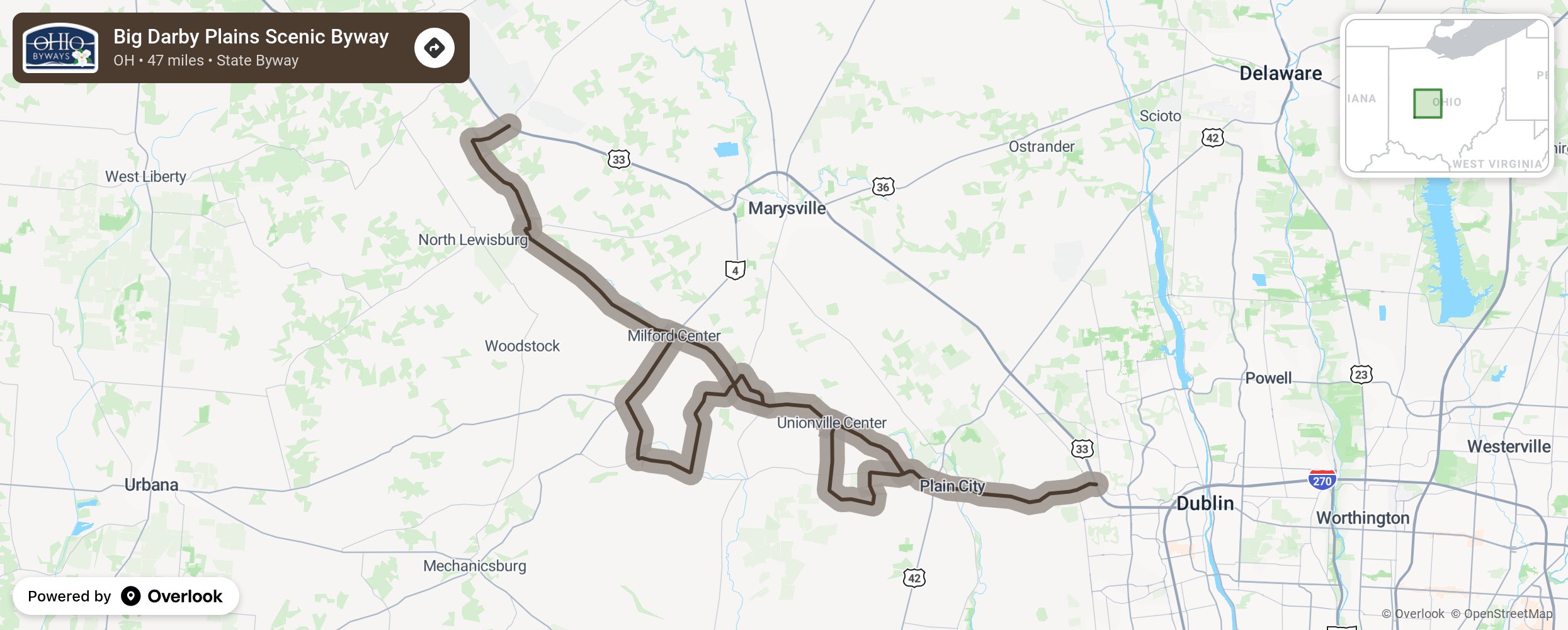 Map of Big Darby Plains Scenic Byway - scenic route