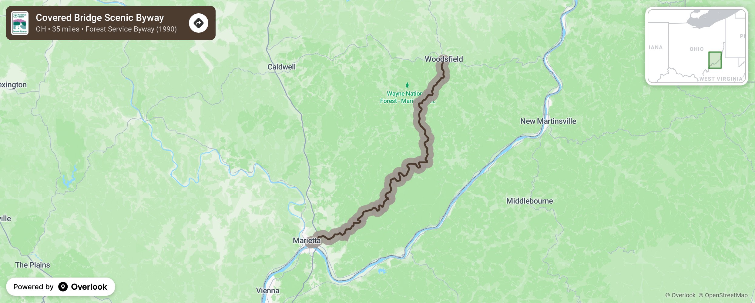 Map of Covered Bridge Scenic Byway - scenic route