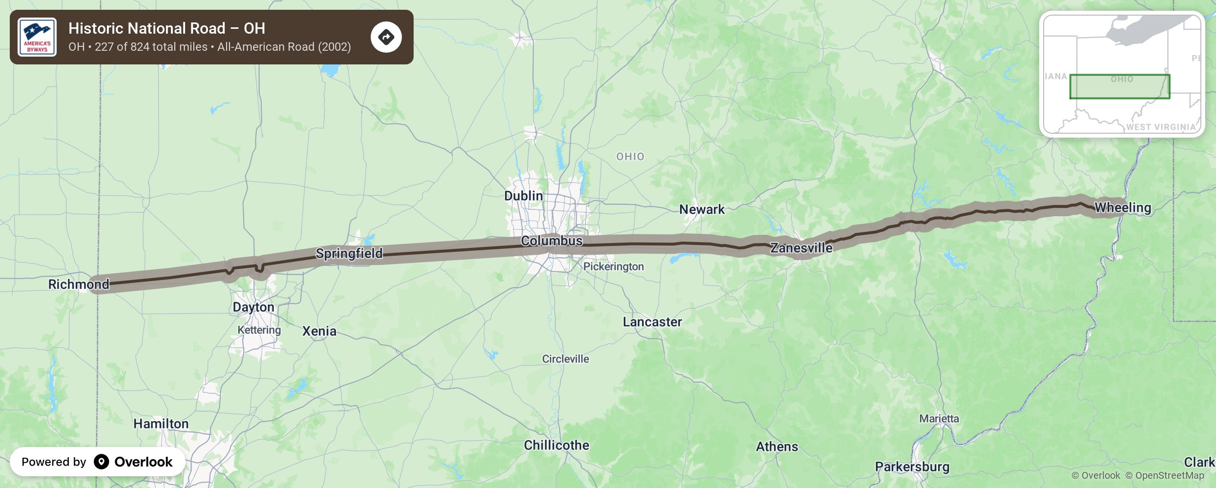 Map of Historic National Road – OH - scenic route