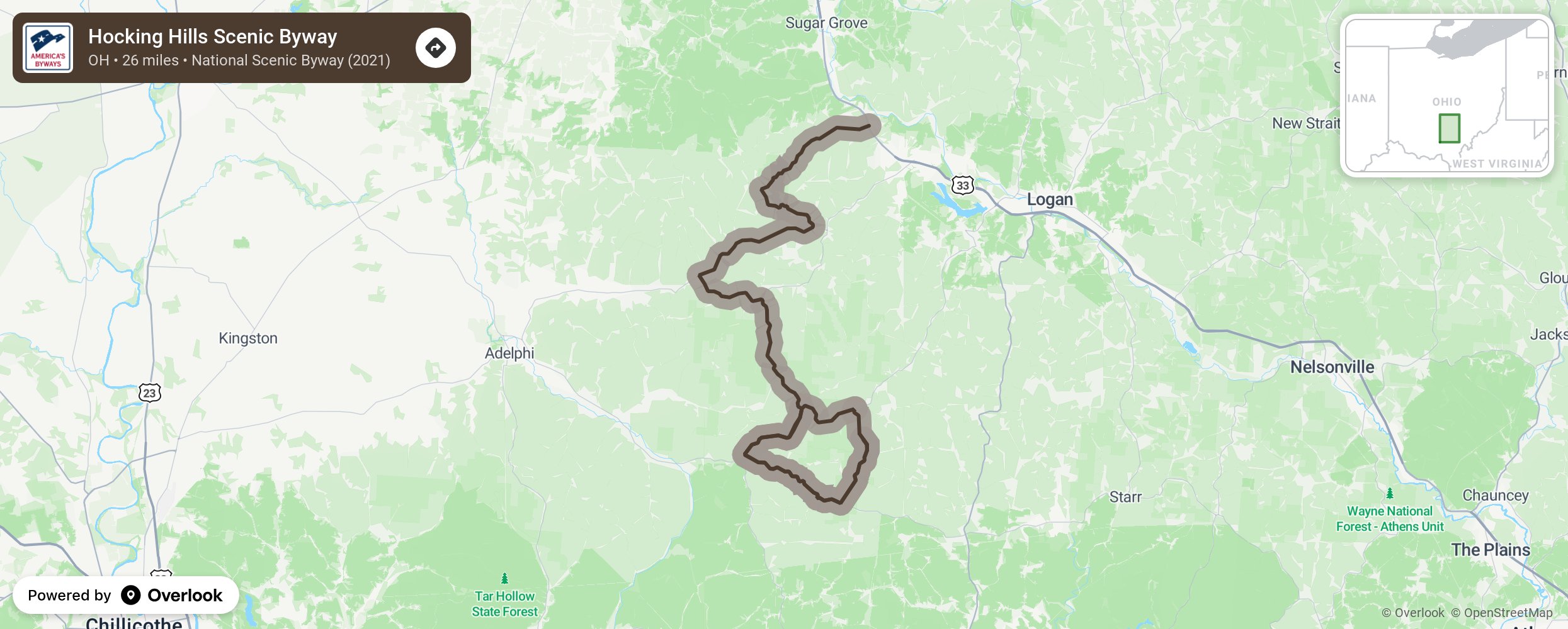 Map of Hocking Hills Scenic Byway - scenic route