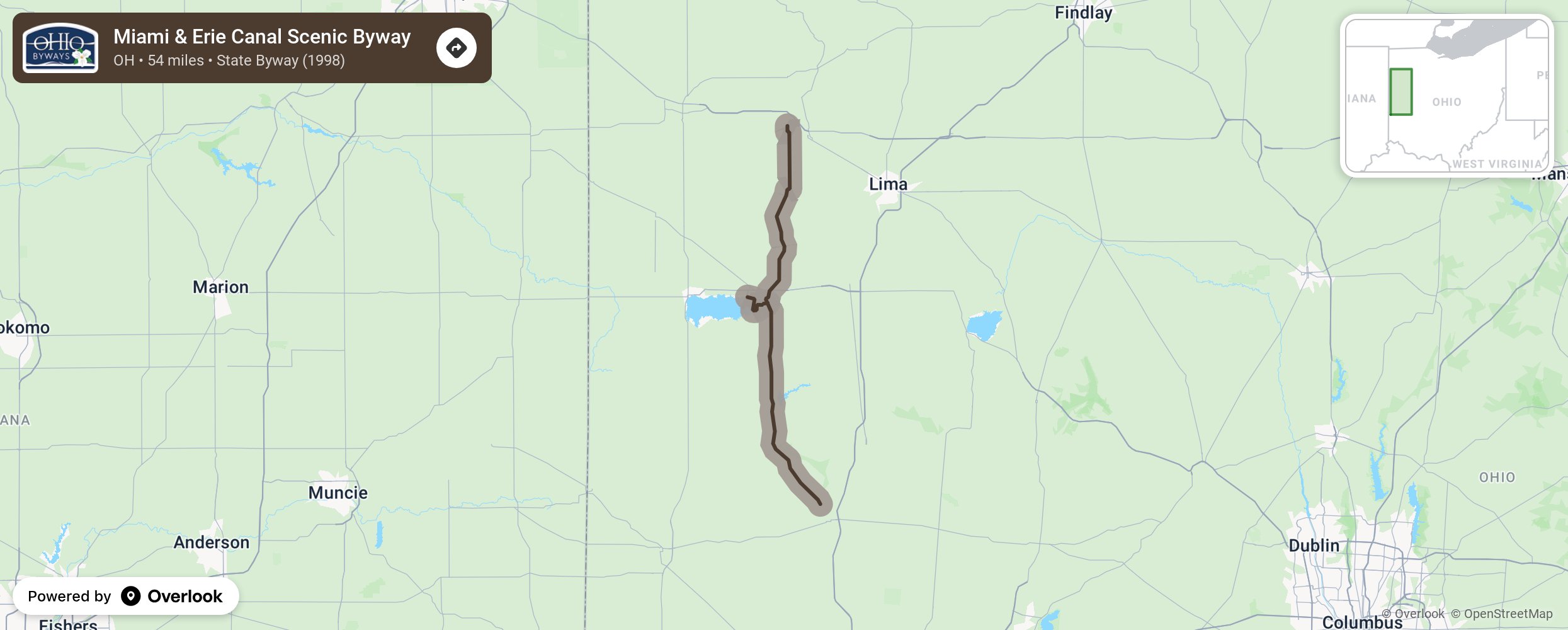 Map of Miami & Erie Canal Scenic Byway - scenic route