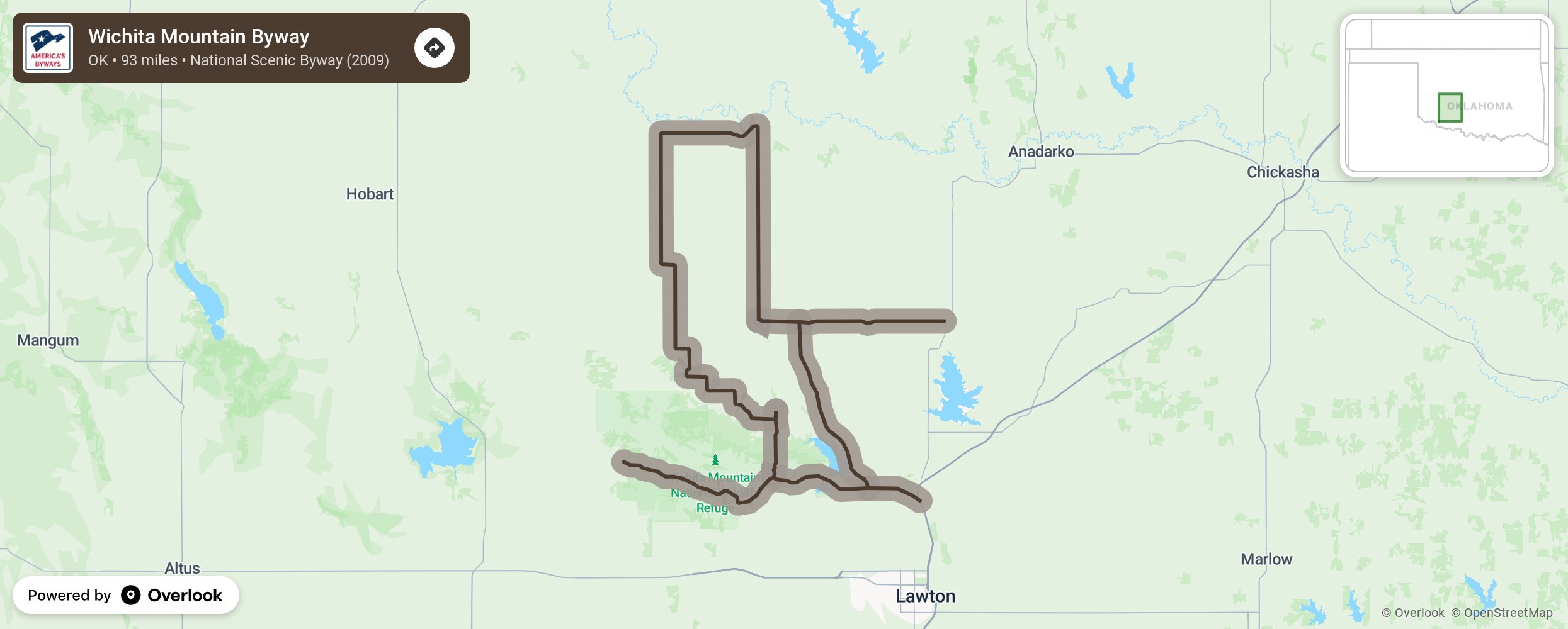 Map of Wichita Mountain Byway - scenic route