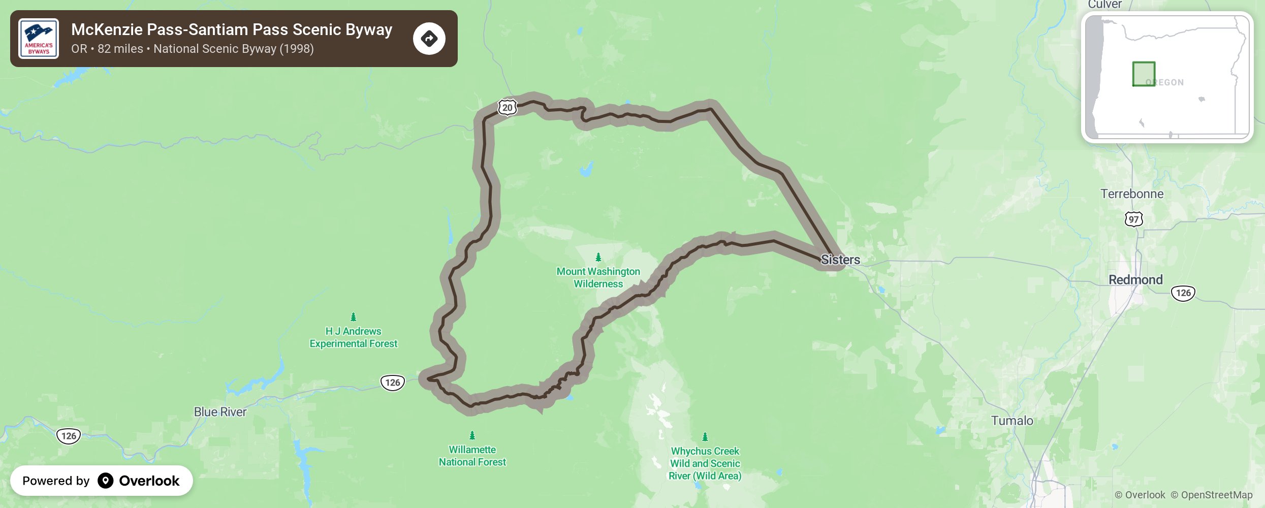 Map of McKenzie Pass-Santiam Pass Scenic Byway - scenic route