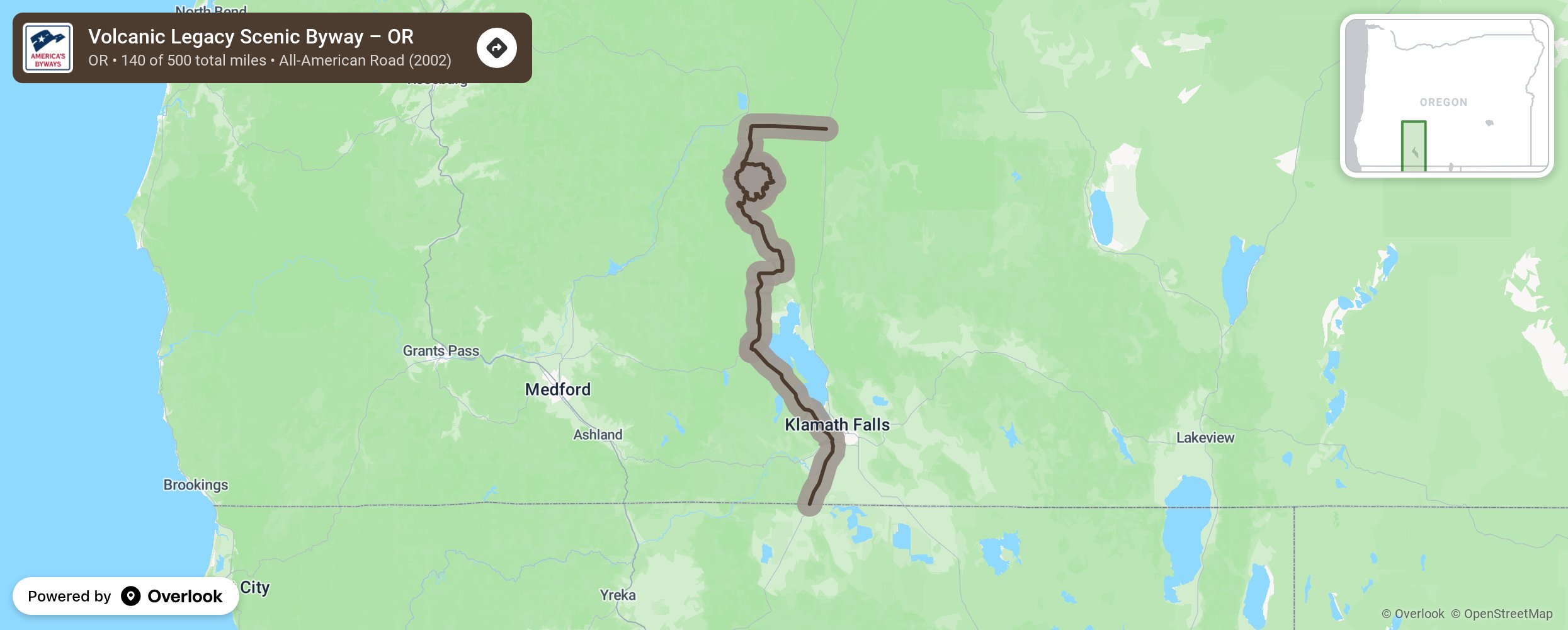 Map of Volcanic Legacy Scenic Byway – OR - scenic route