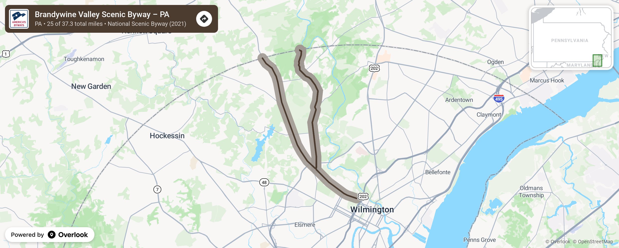 Map of Brandywine Valley Scenic Byway – PA - scenic route