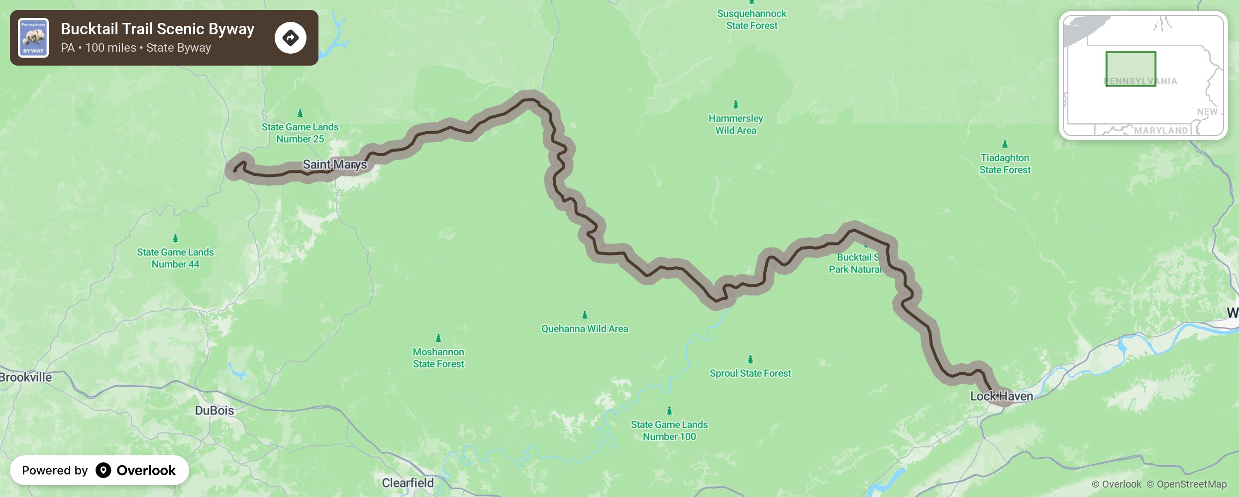 Map of Bucktail Trail Scenic Byway - scenic route