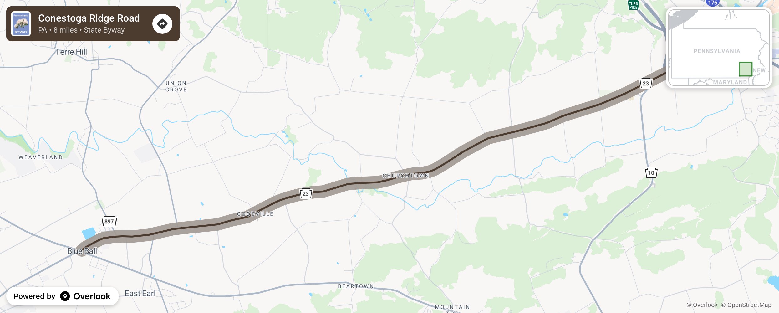 Map of Conestoga Ridge Road - scenic route