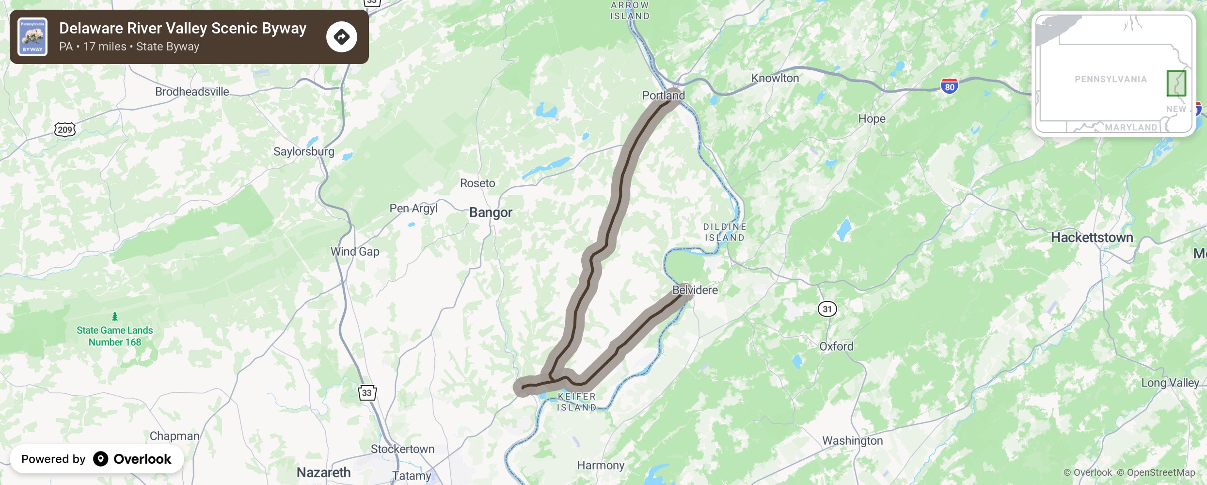 Map of Delaware River Valley Scenic Byway - scenic route