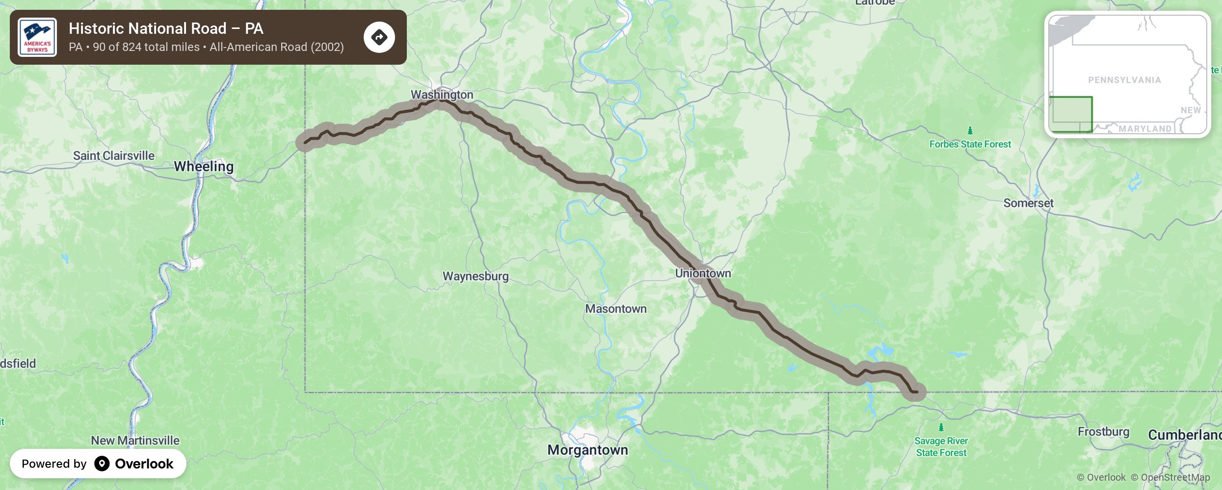 Map of Historic National Road – PA - scenic route