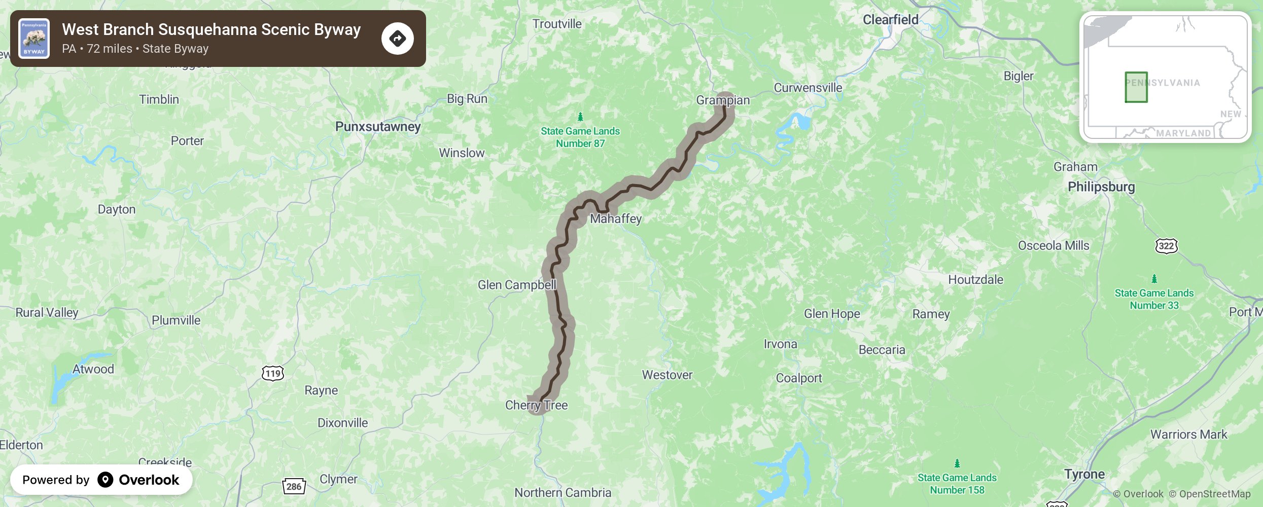 Map of West Branch Susquehanna Scenic Byway - scenic route