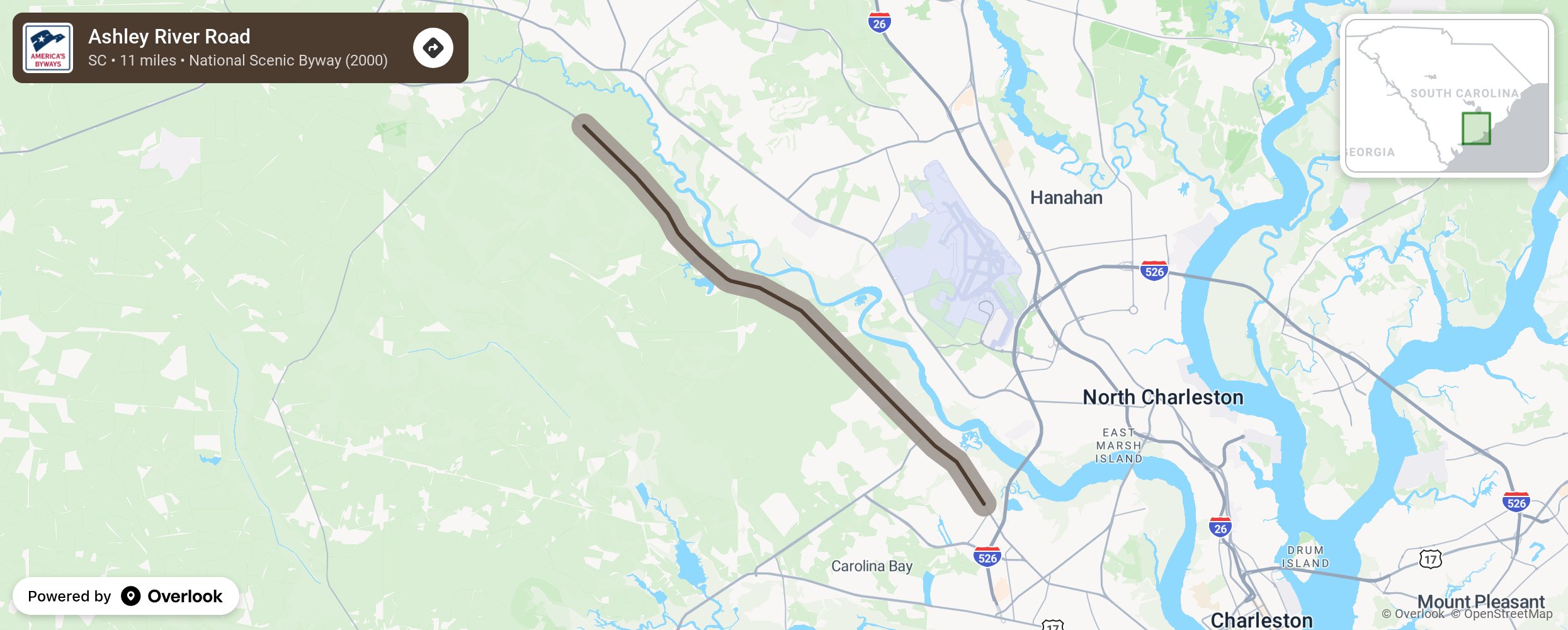 Map of Ashley River Road - scenic route