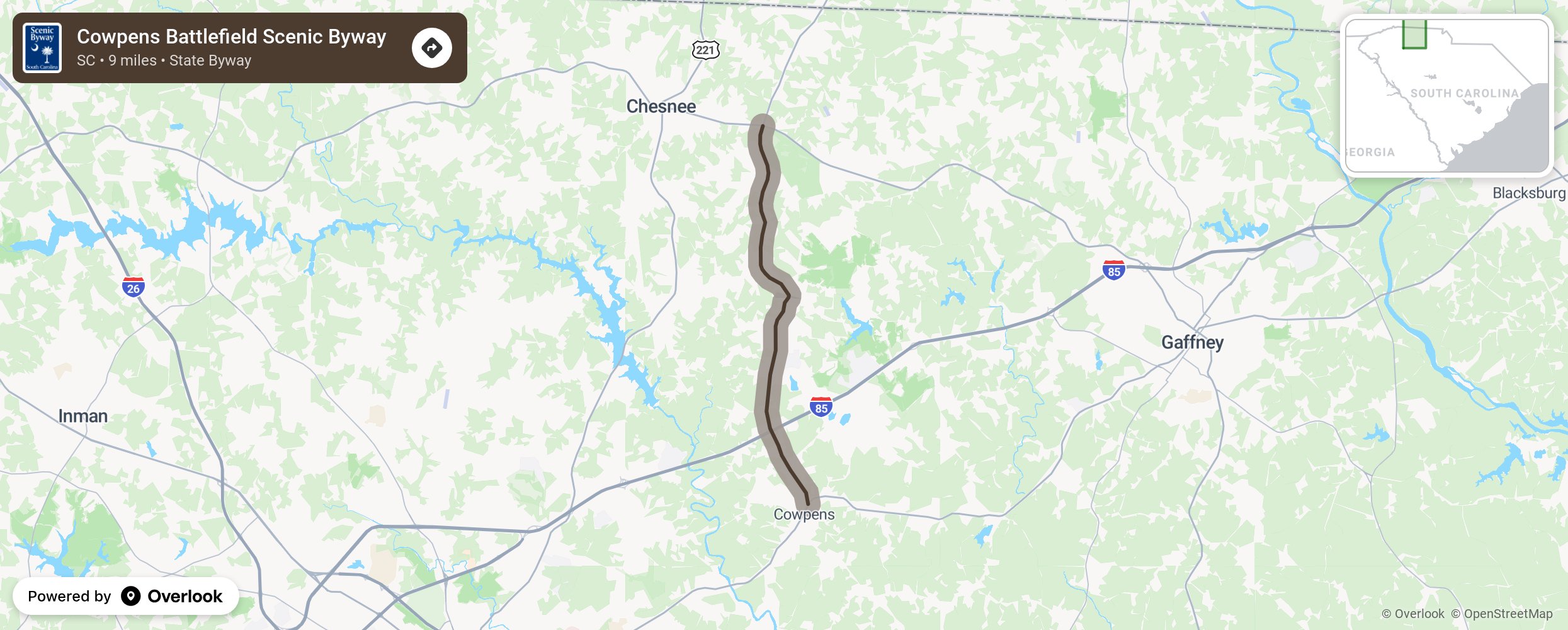 Map of Cowpens Battlefield Scenic Byway - scenic route