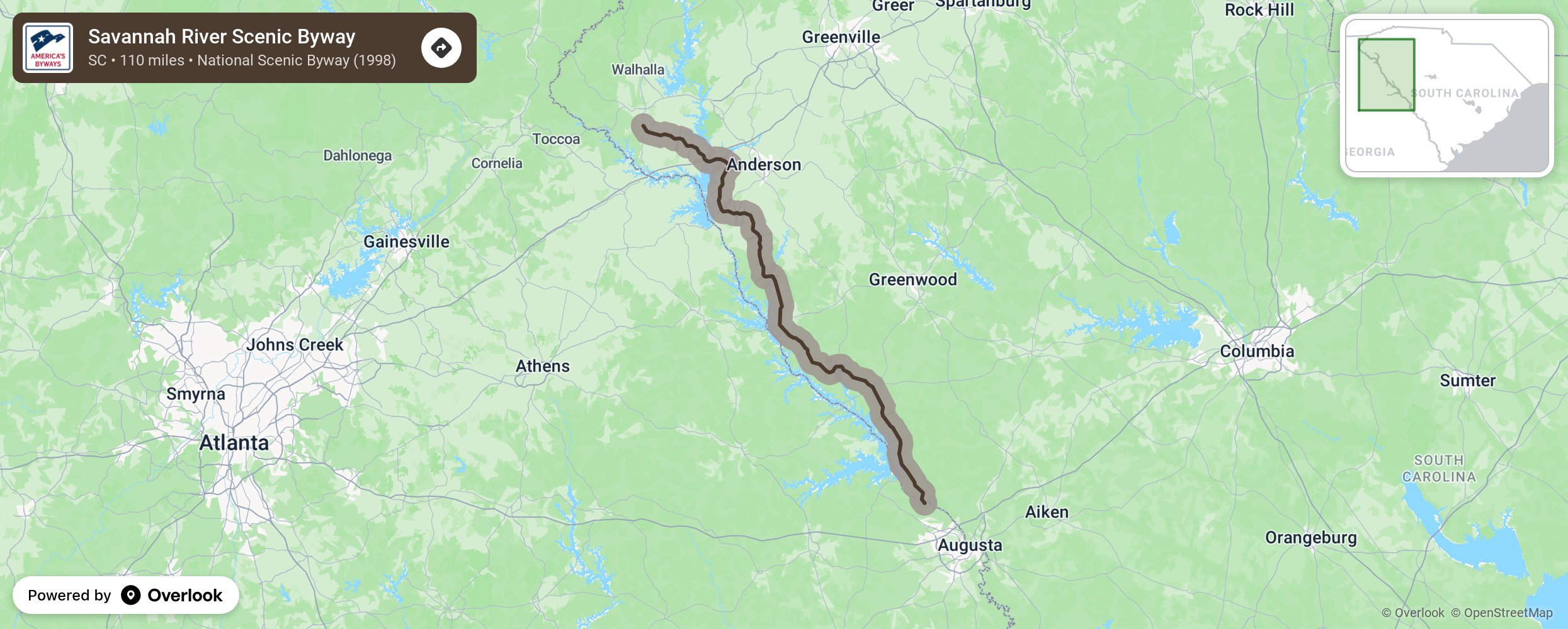 Map of Savannah River Scenic Byway - scenic route