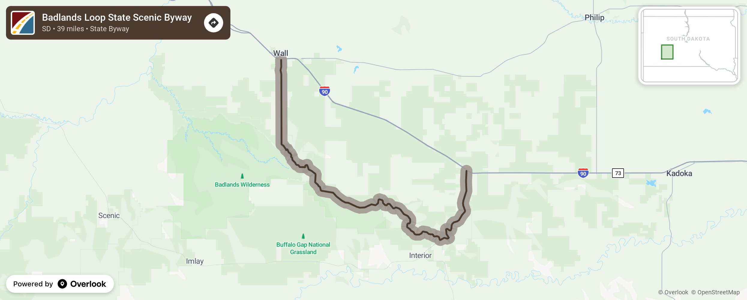 Map of Badlands Loop State Scenic Byway - scenic route