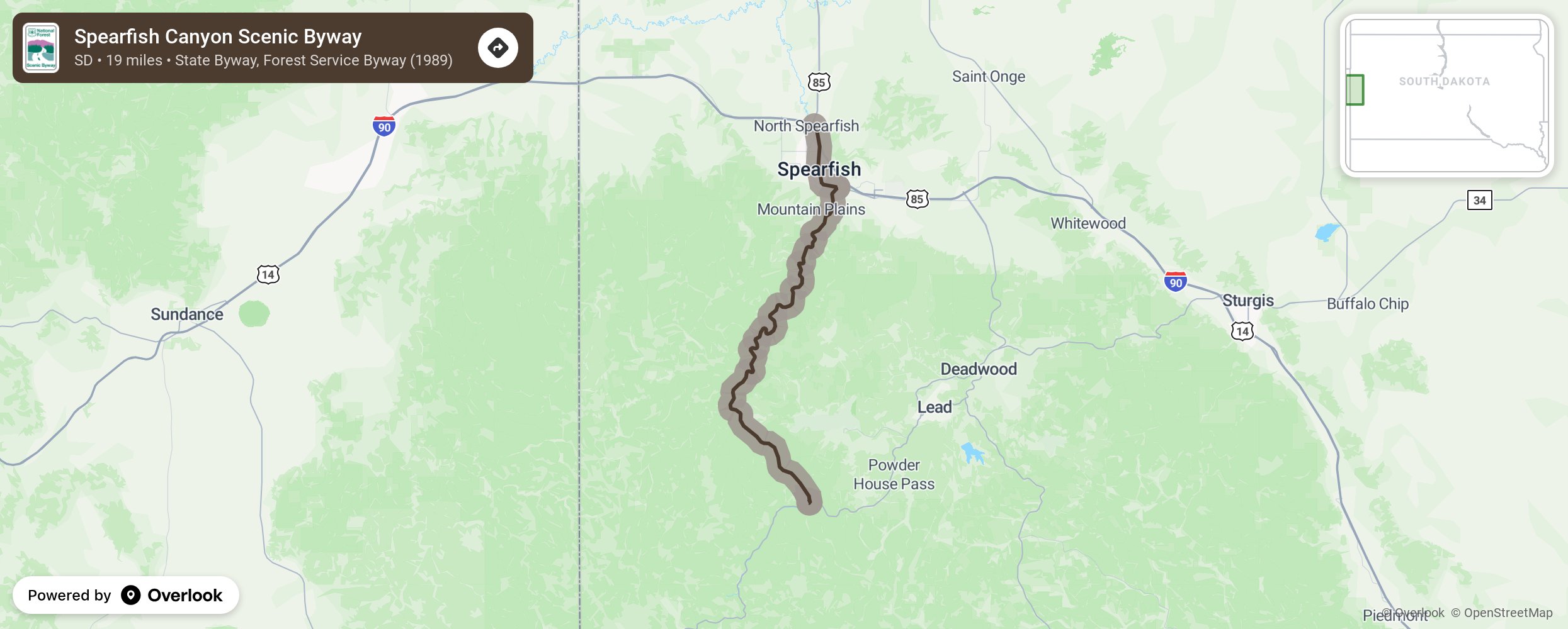 Map of Spearfish Canyon Scenic Byway - scenic route