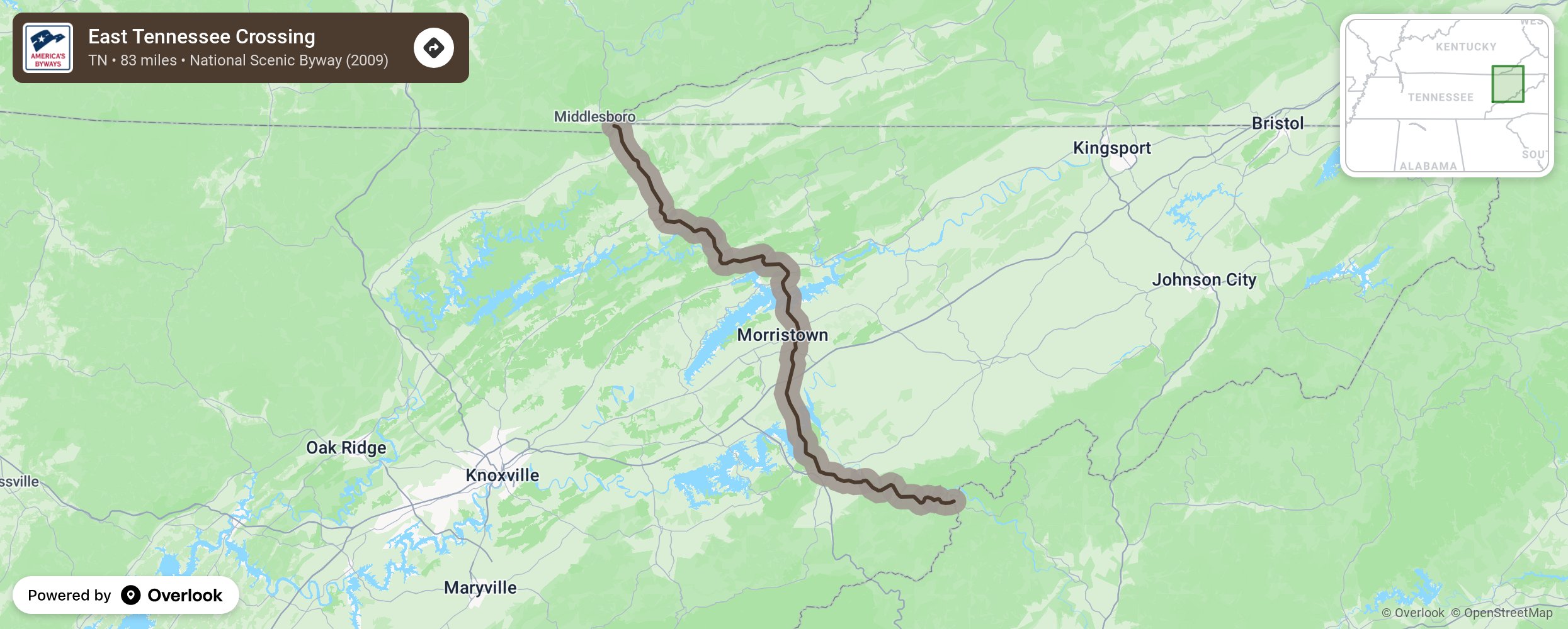 Map of East Tennessee Crossing - scenic route