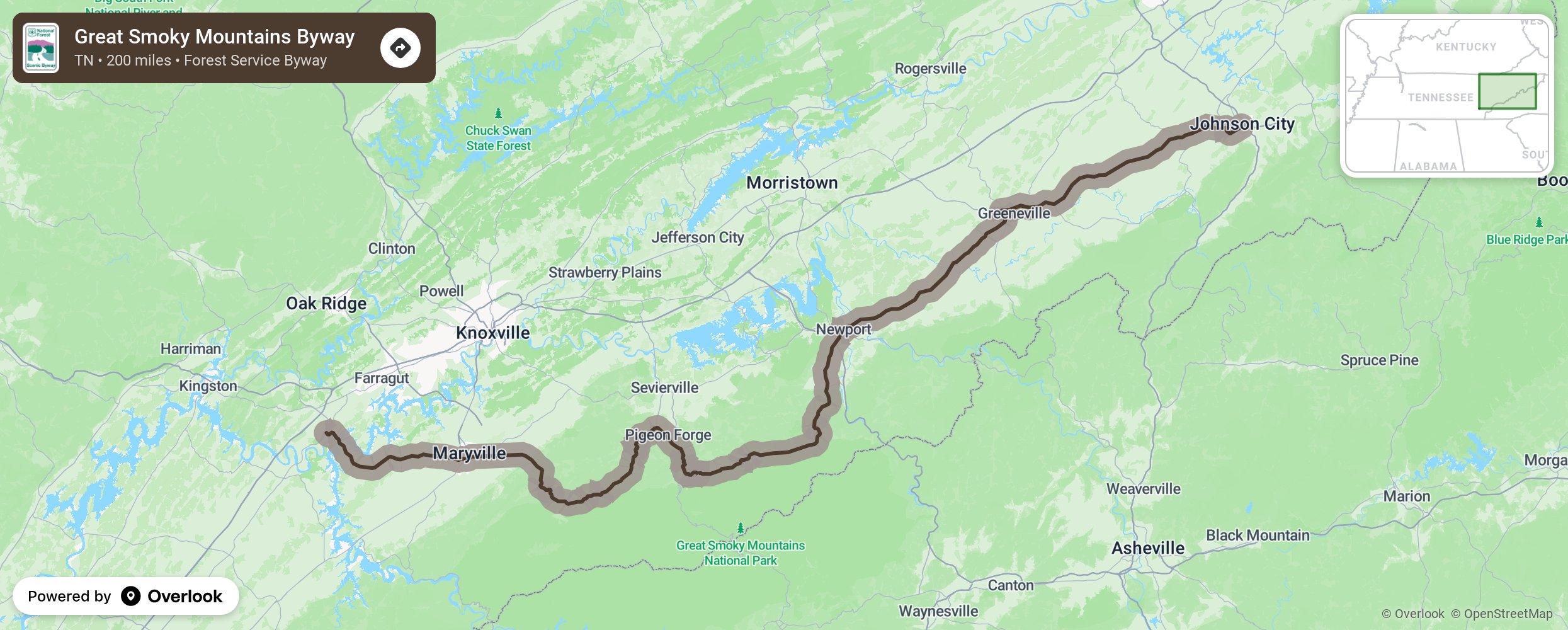 Map of Great Smoky Mountains Byway - scenic route