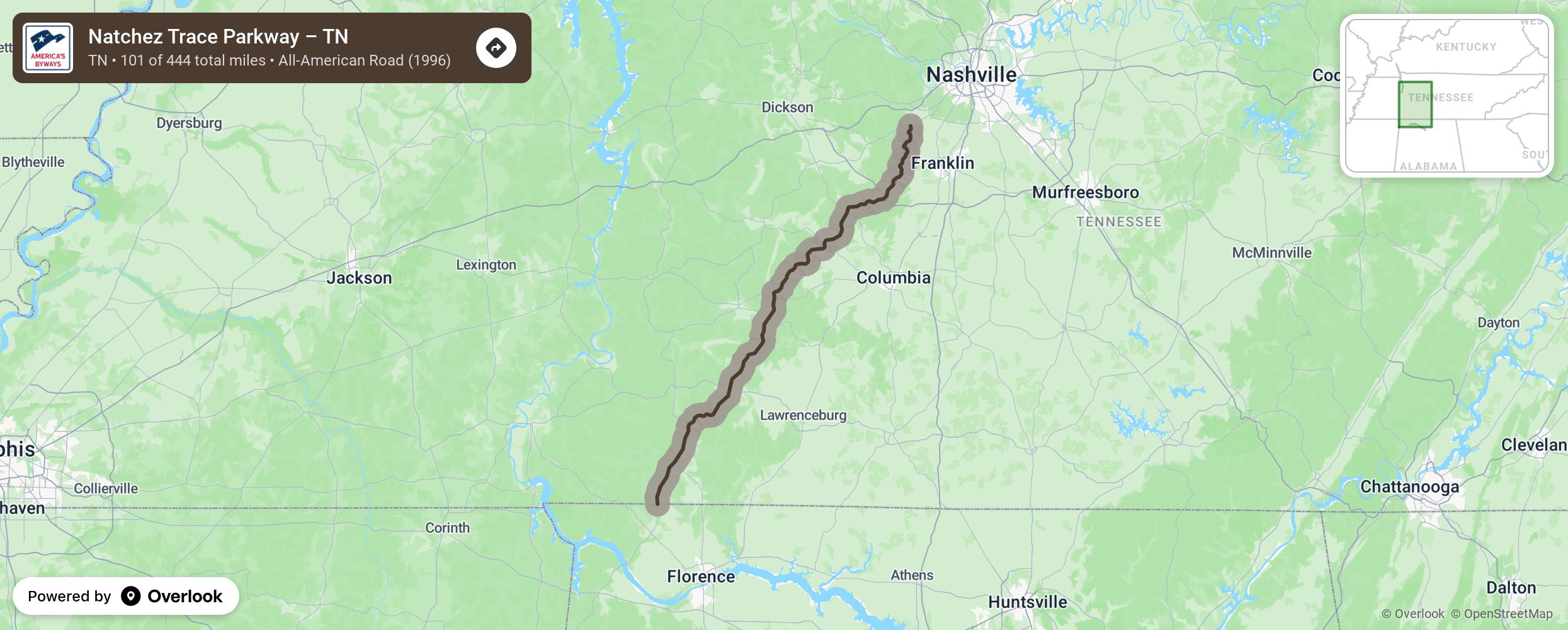 Map of Natchez Trace Parkway – TN - scenic route