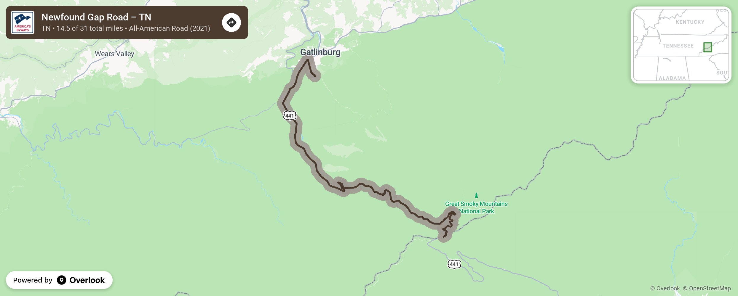 Map of Newfound Gap Road – TN - scenic route