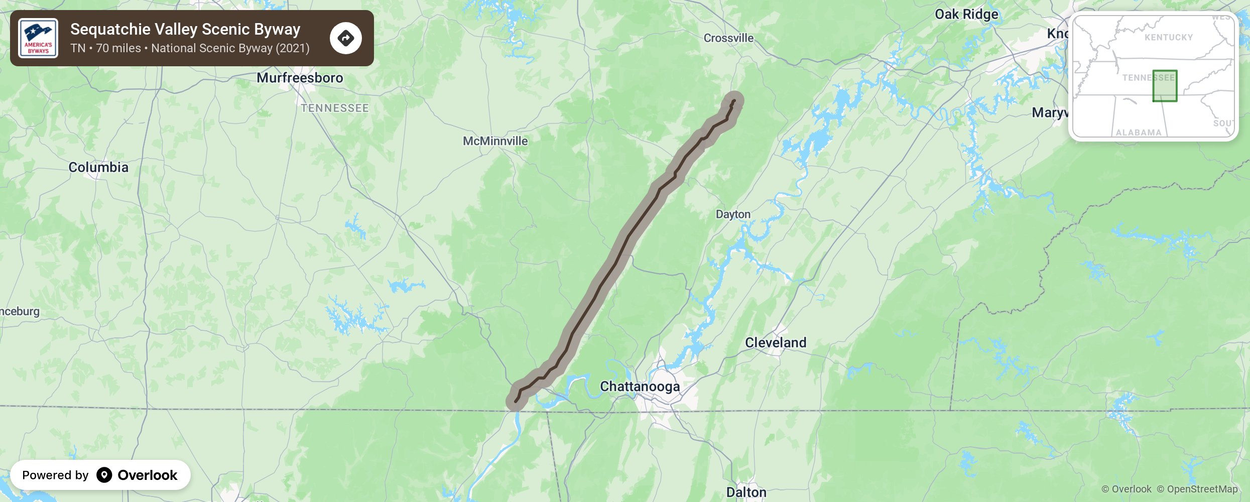 Map of Sequatchie Valley Scenic Byway - scenic route