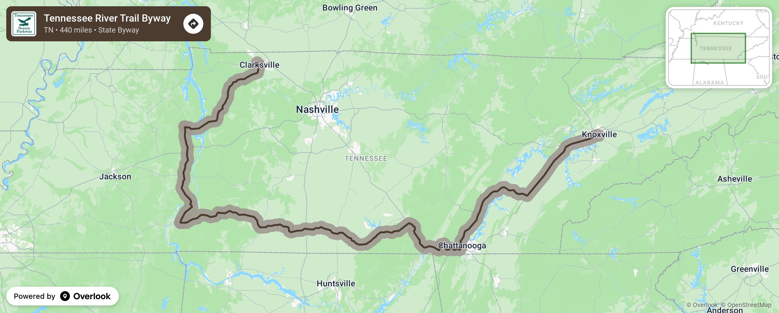 Map of Tennessee River Trail Byway - scenic route