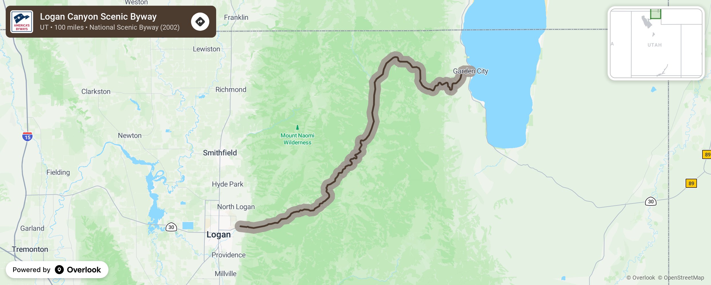 Map of Logan Canyon Scenic Byway - scenic route