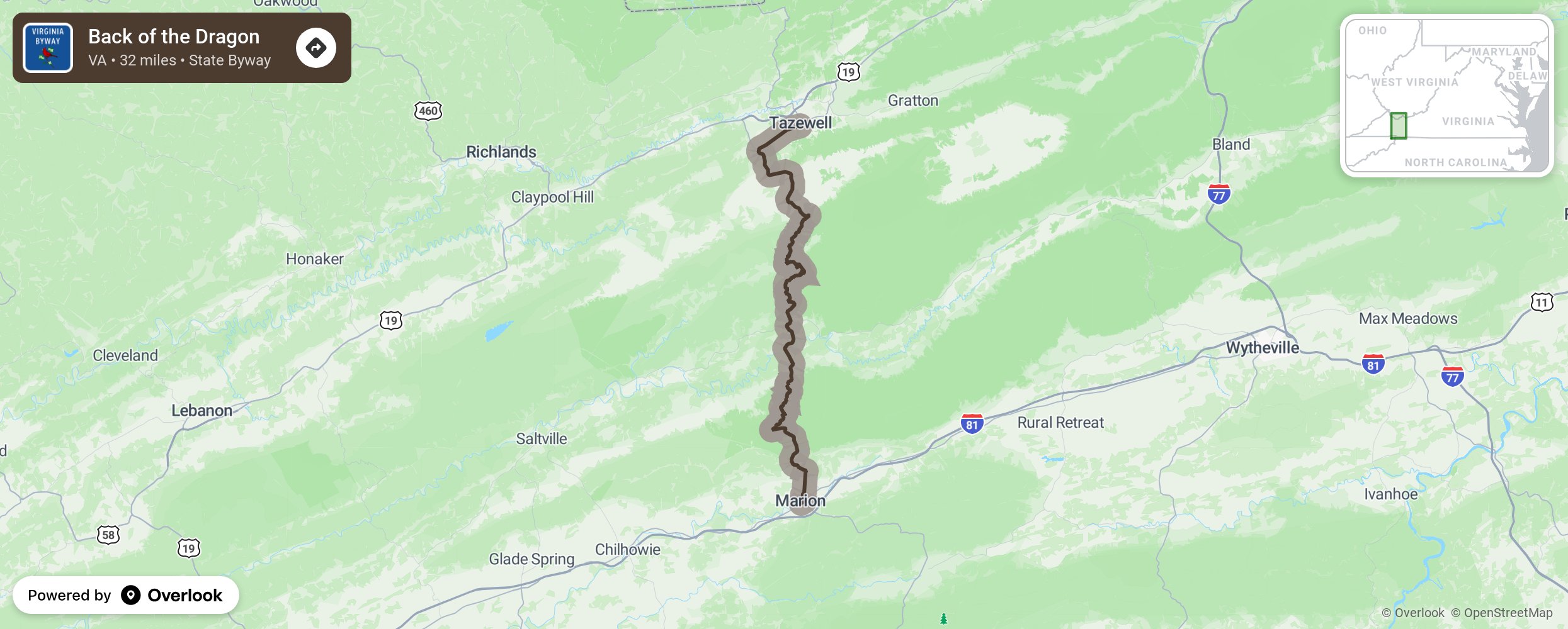 Map of Back of the Dragon - scenic route