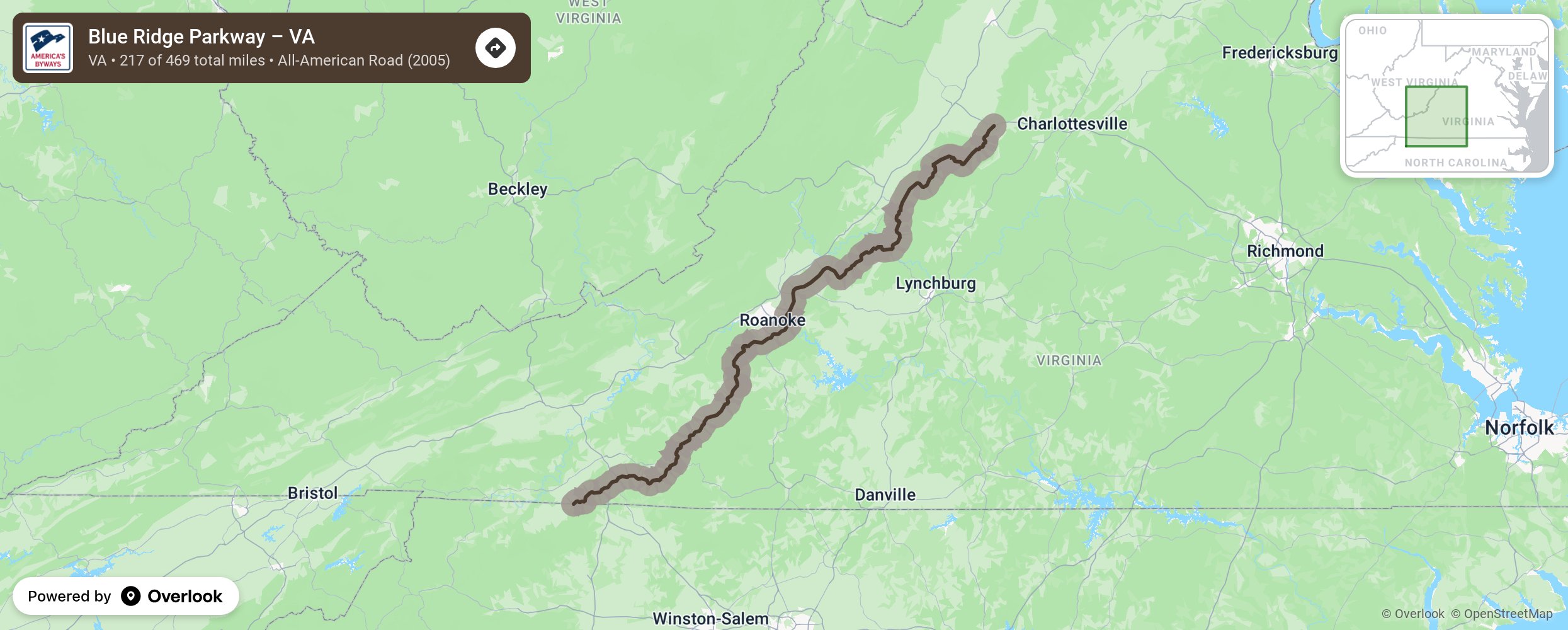 Map of Blue Ridge Parkway – VA - scenic route