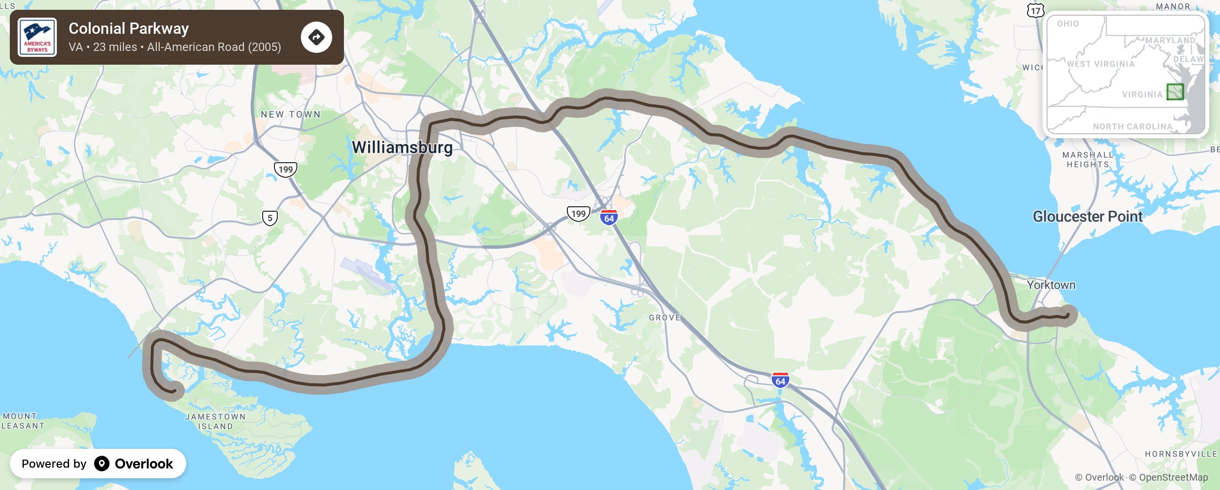 Map of Colonial Parkway - scenic route