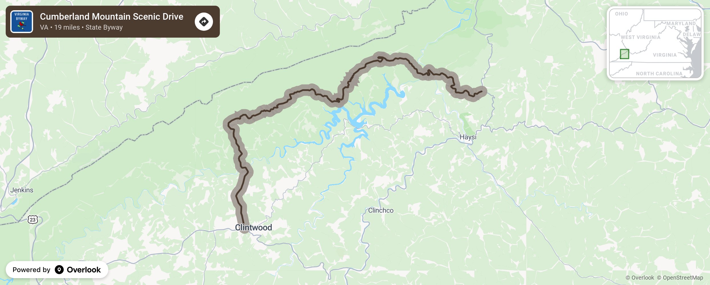 Map of Cumberland Mountain Scenic Drive - scenic route