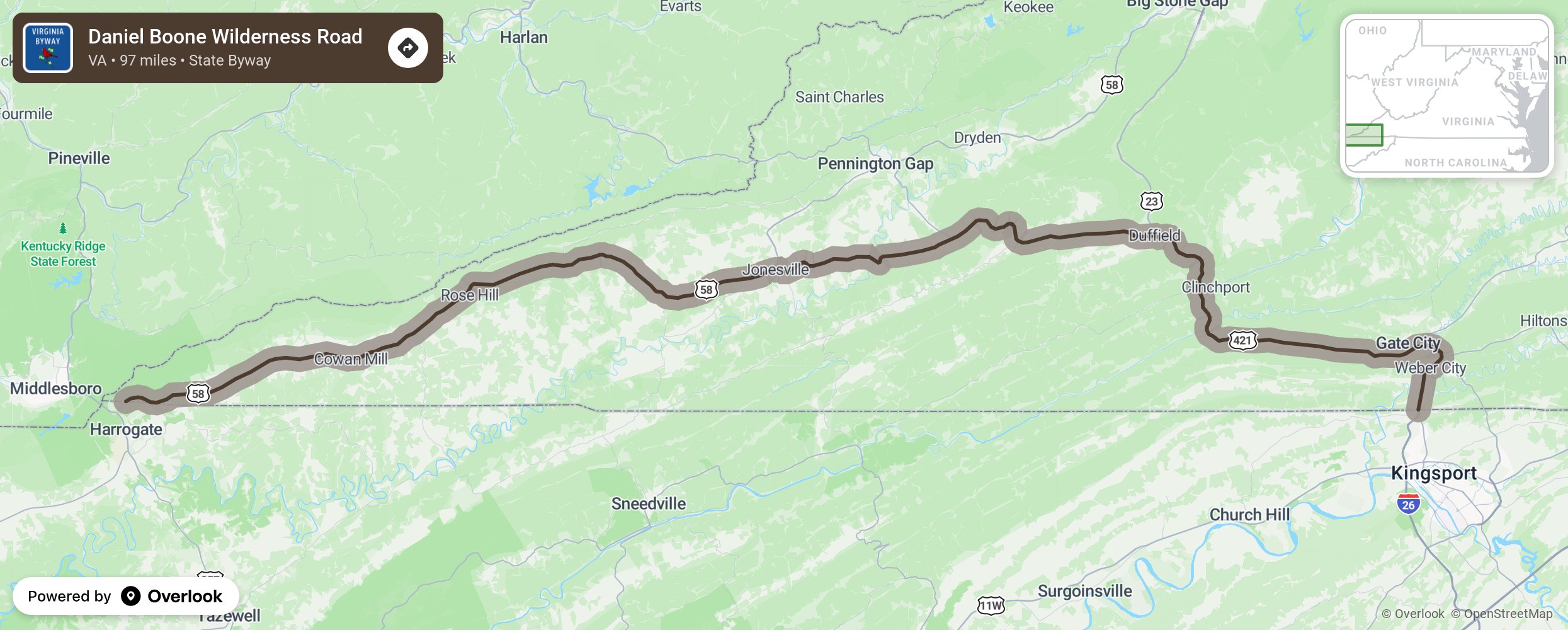 Map of Daniel Boone Wilderness Road - scenic route