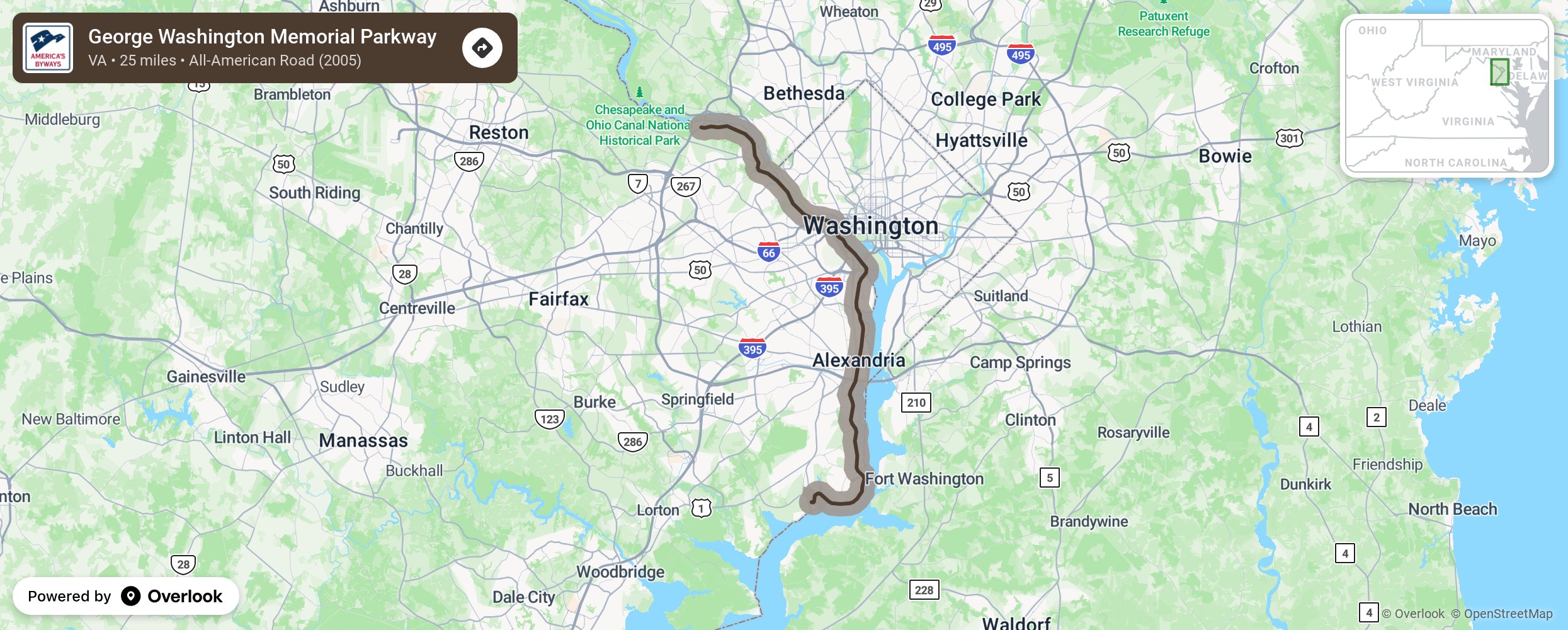 Map of George Washington Memorial Parkway - scenic route