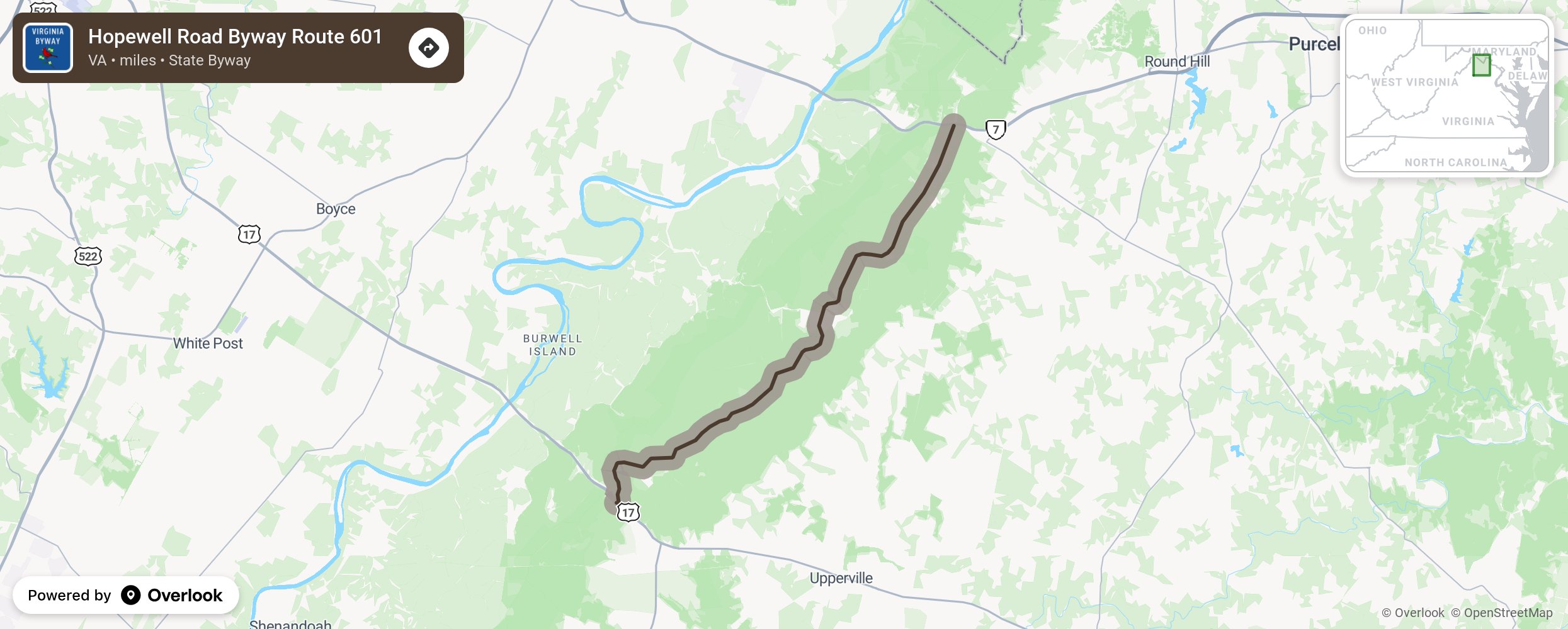 Map of Hopewell Road Byway Route 601 - scenic route