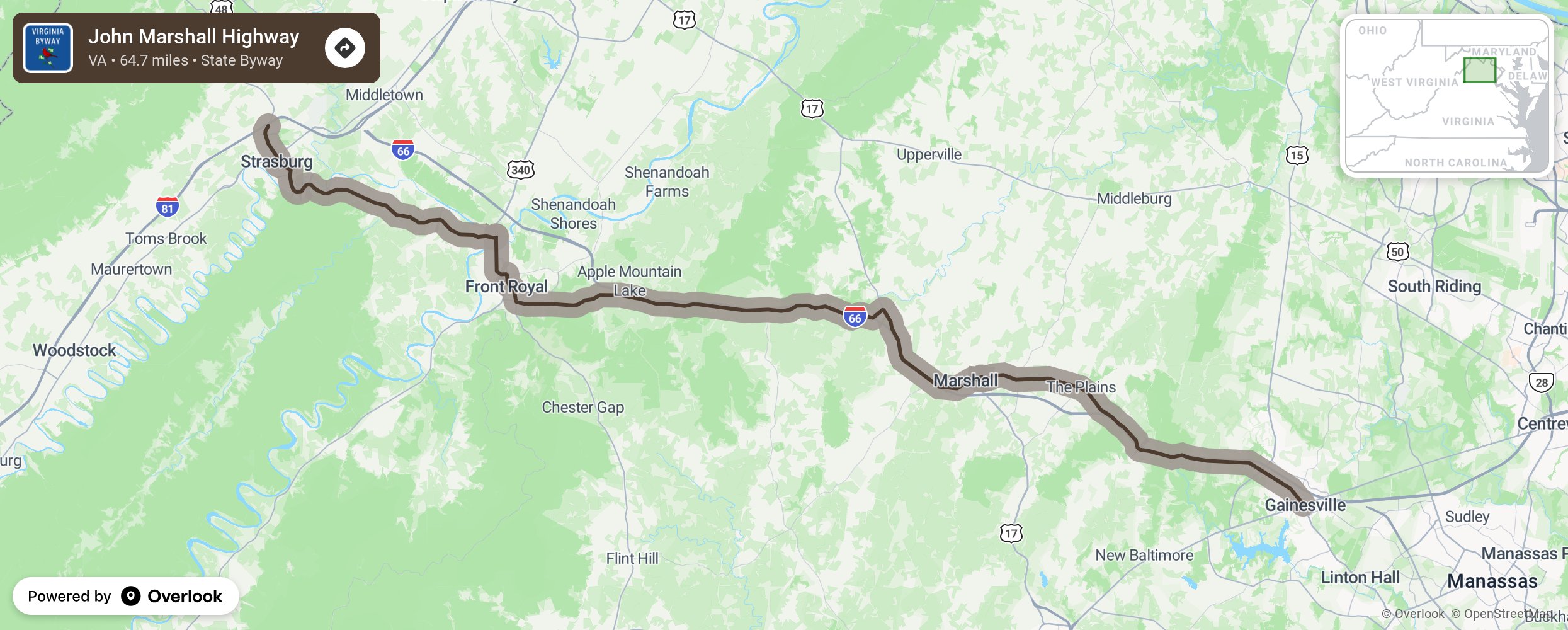 Map of John Marshall Highway - scenic route