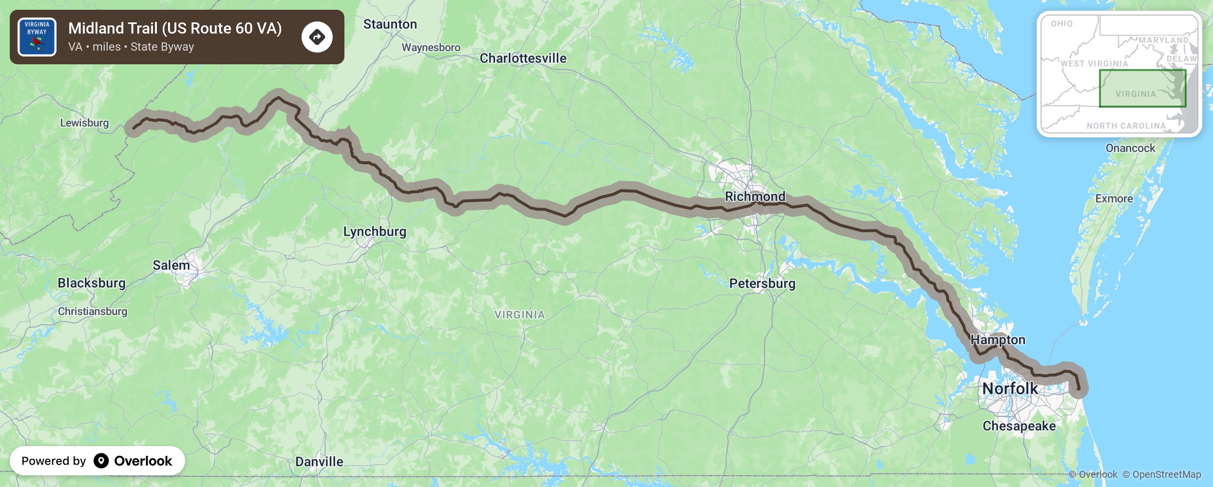 Map of Midland Trail (US Route 60 VA) - scenic route