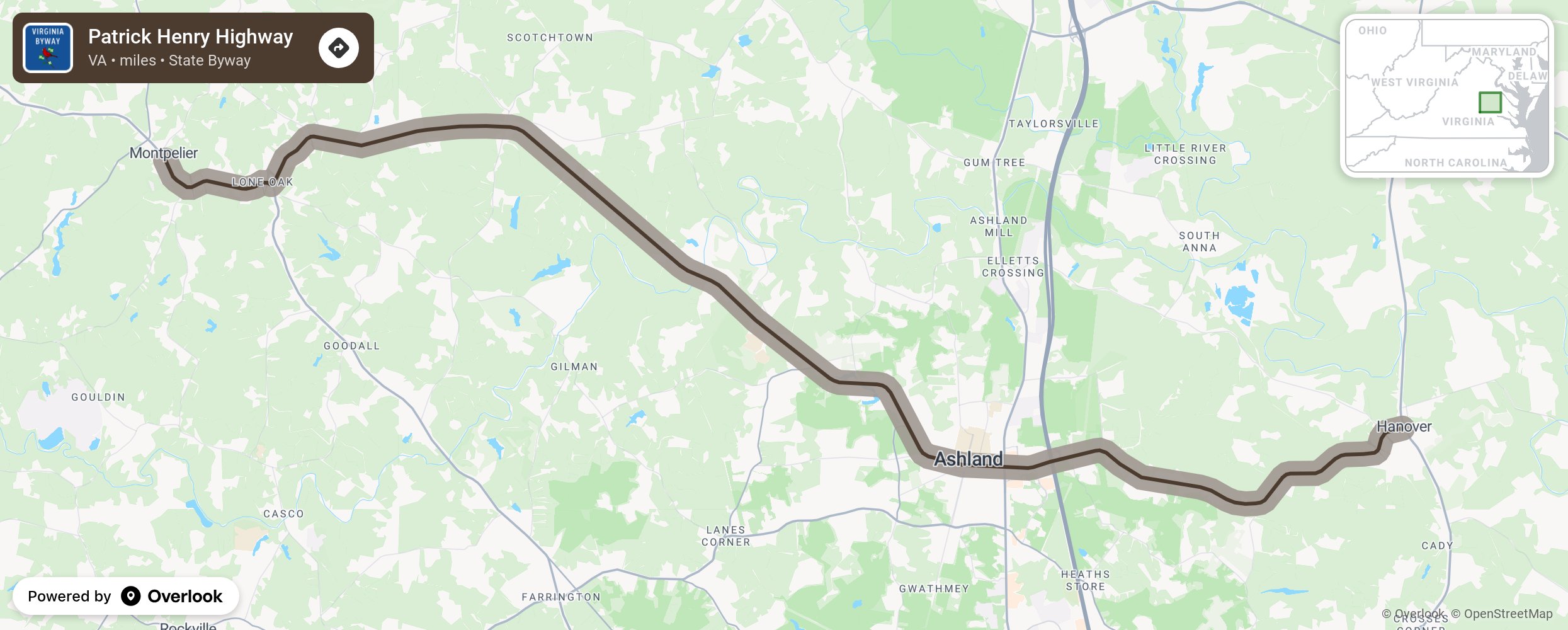 Map of Patrick Henry Highway - scenic route