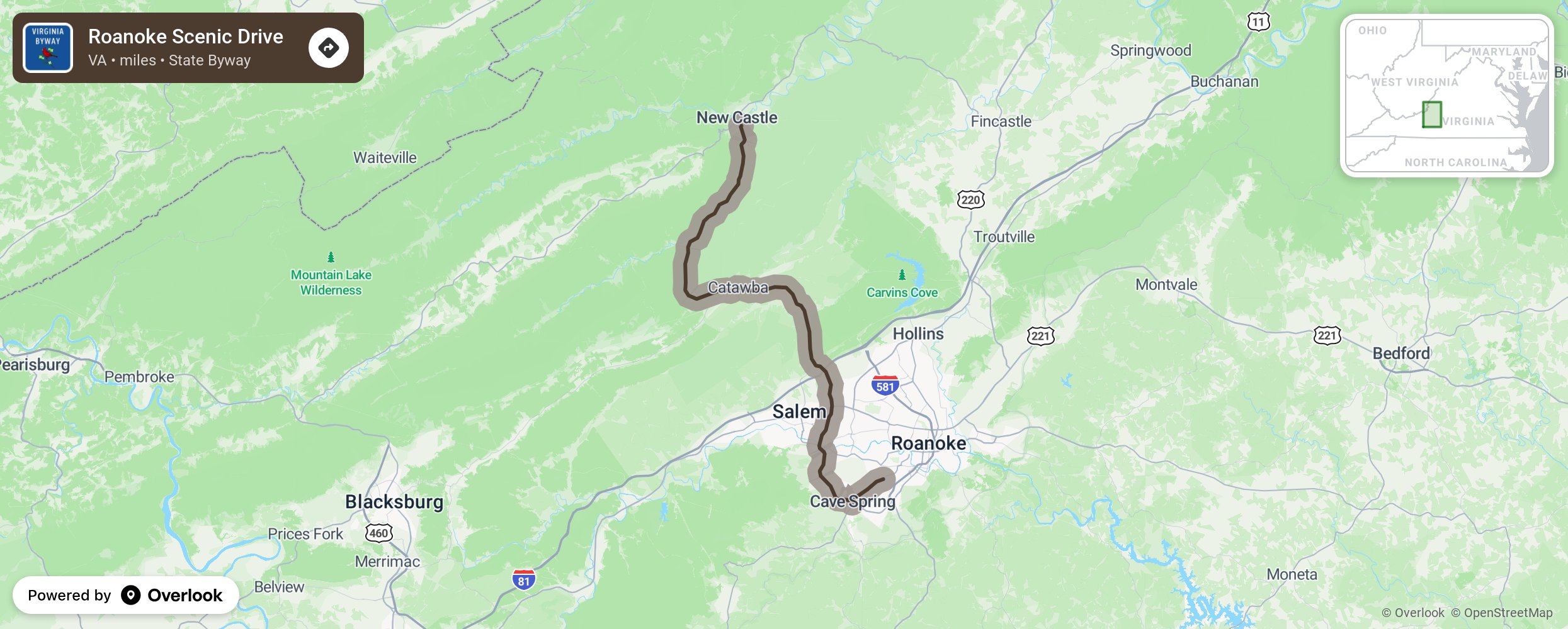 Map of Roanoke Scenic Drive - scenic route