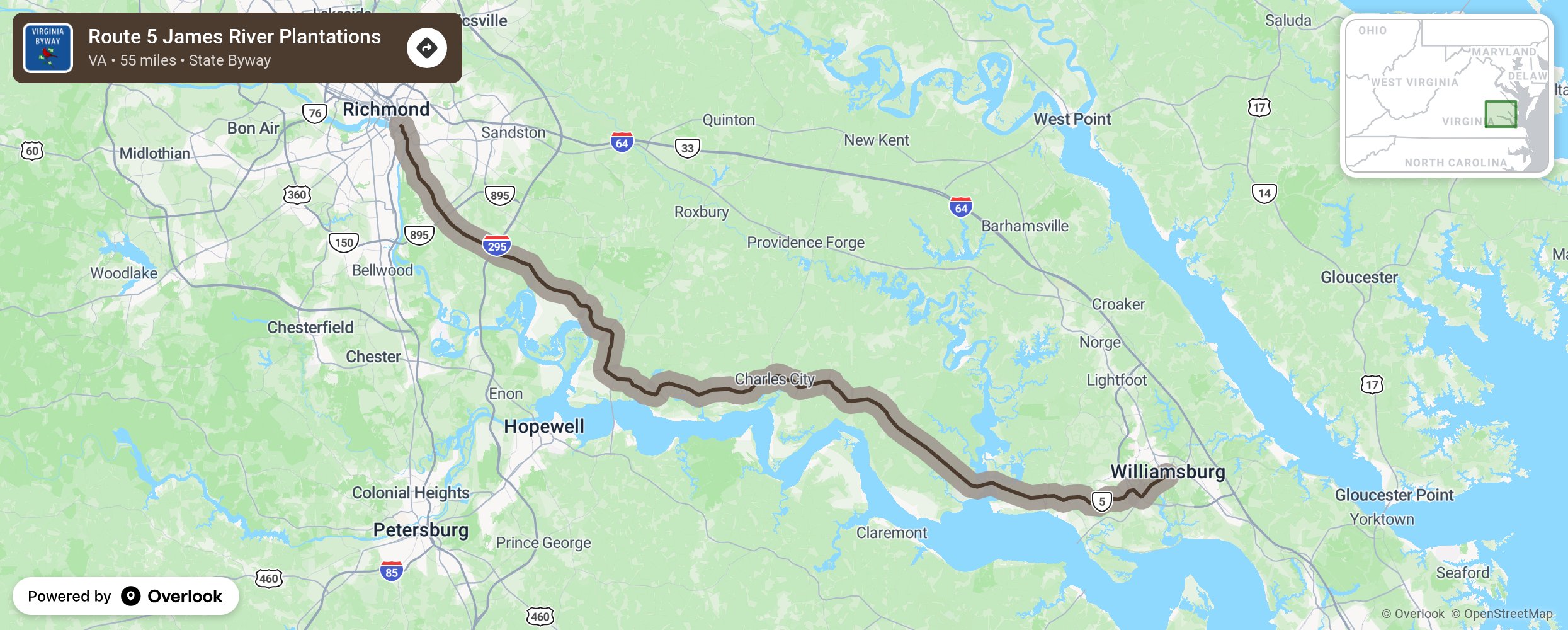 Map of Route 5 James River Plantations - scenic route