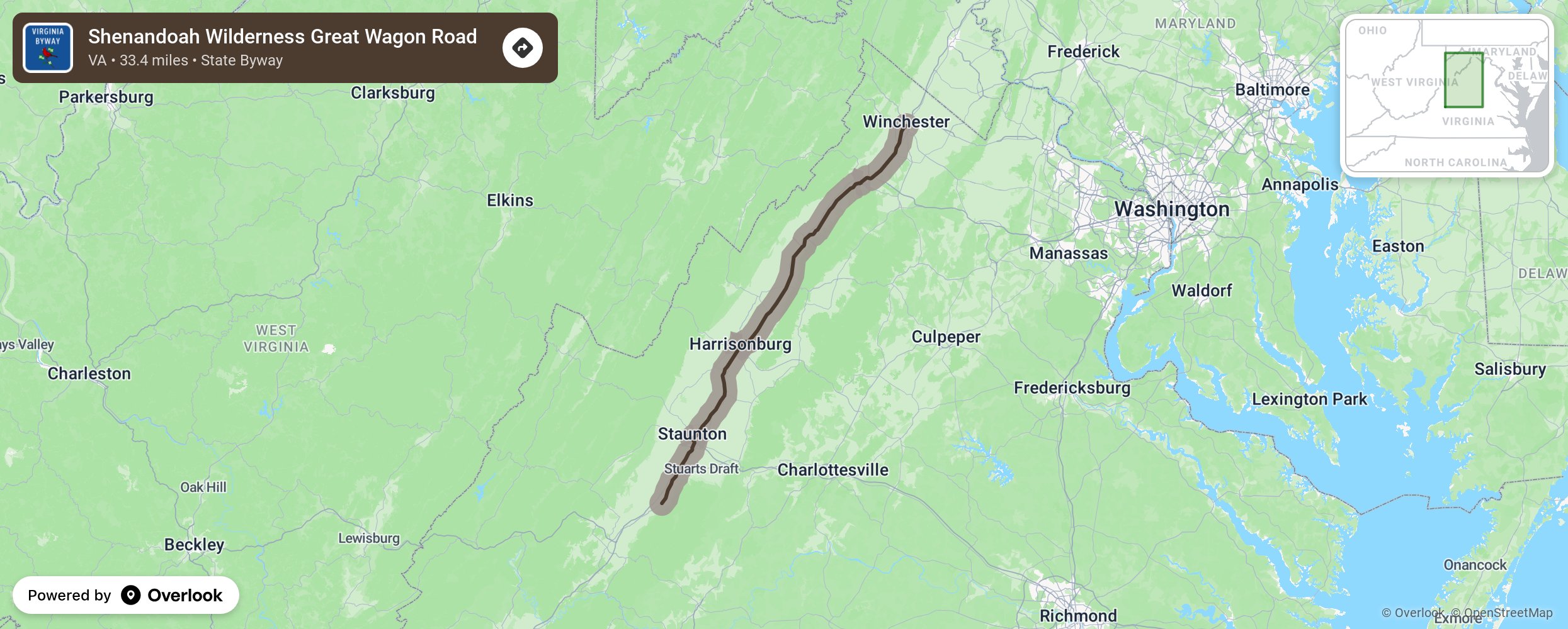 Map of Shenandoah Wilderness Great Wagon Road - scenic route