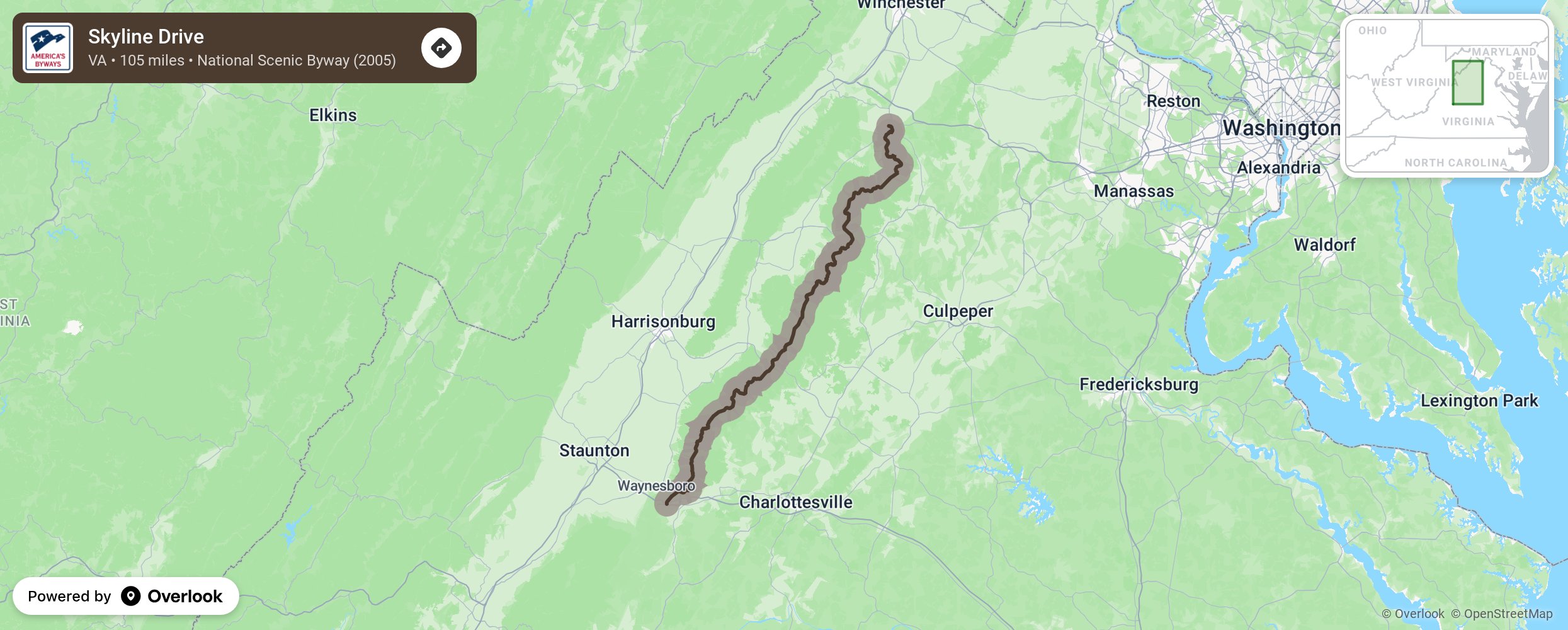 Map of Skyline Drive - scenic route