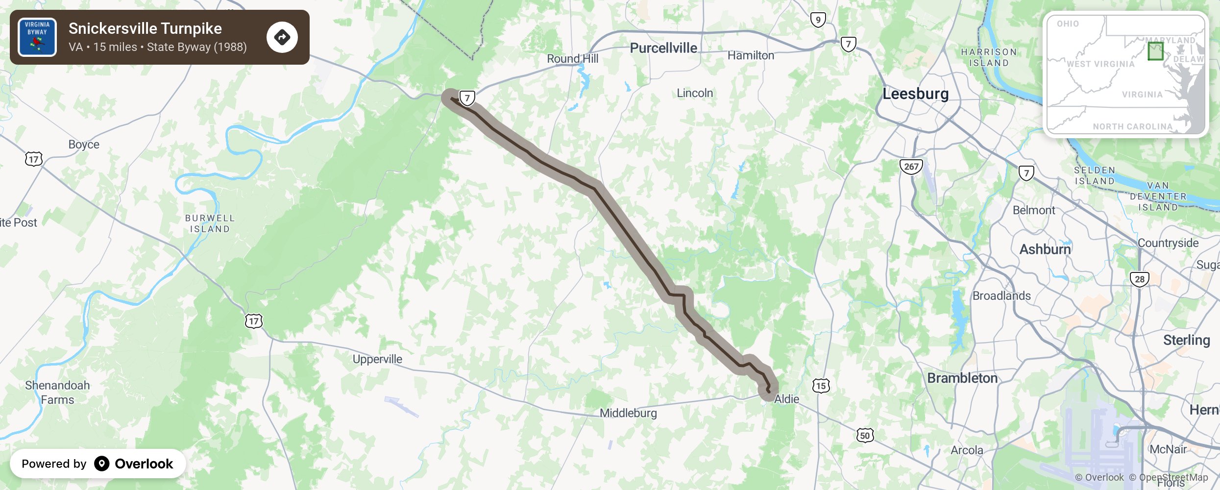 Map of Snickersville Turnpike - scenic route