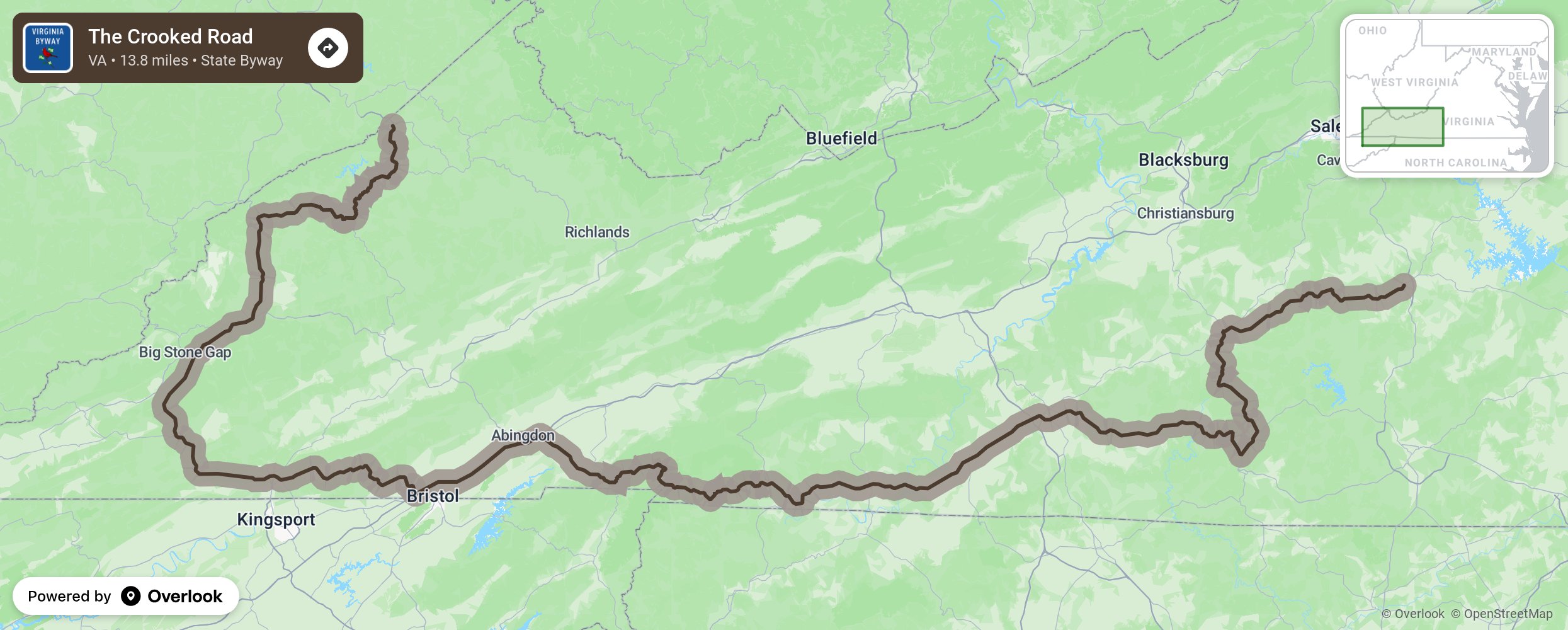 Map of The Crooked Road - scenic route