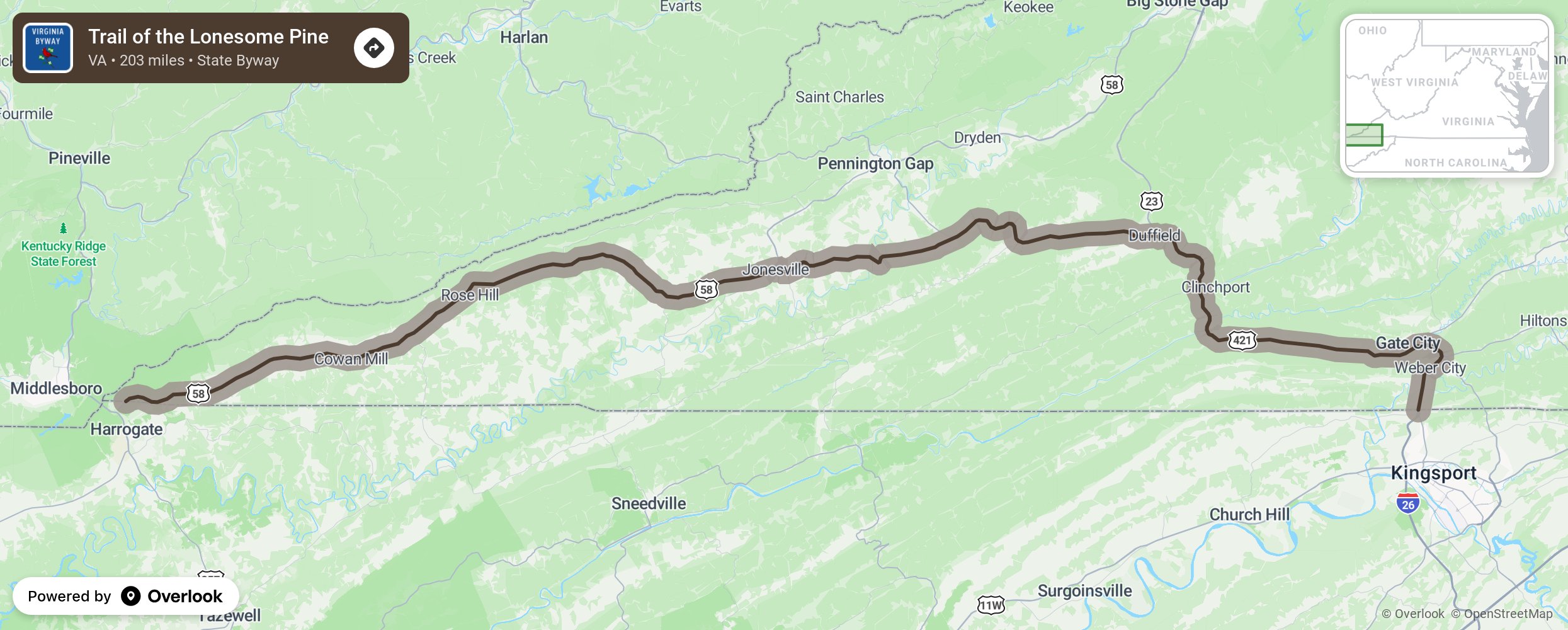 Map of Trail of the Lonesome Pine - scenic route