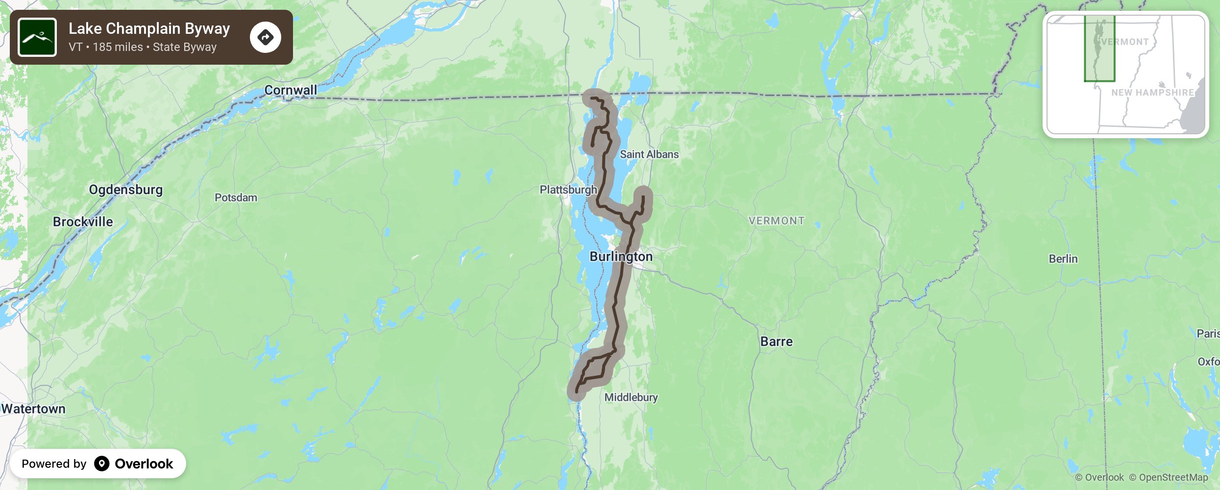 Map of Lake Champlain Byway - scenic route